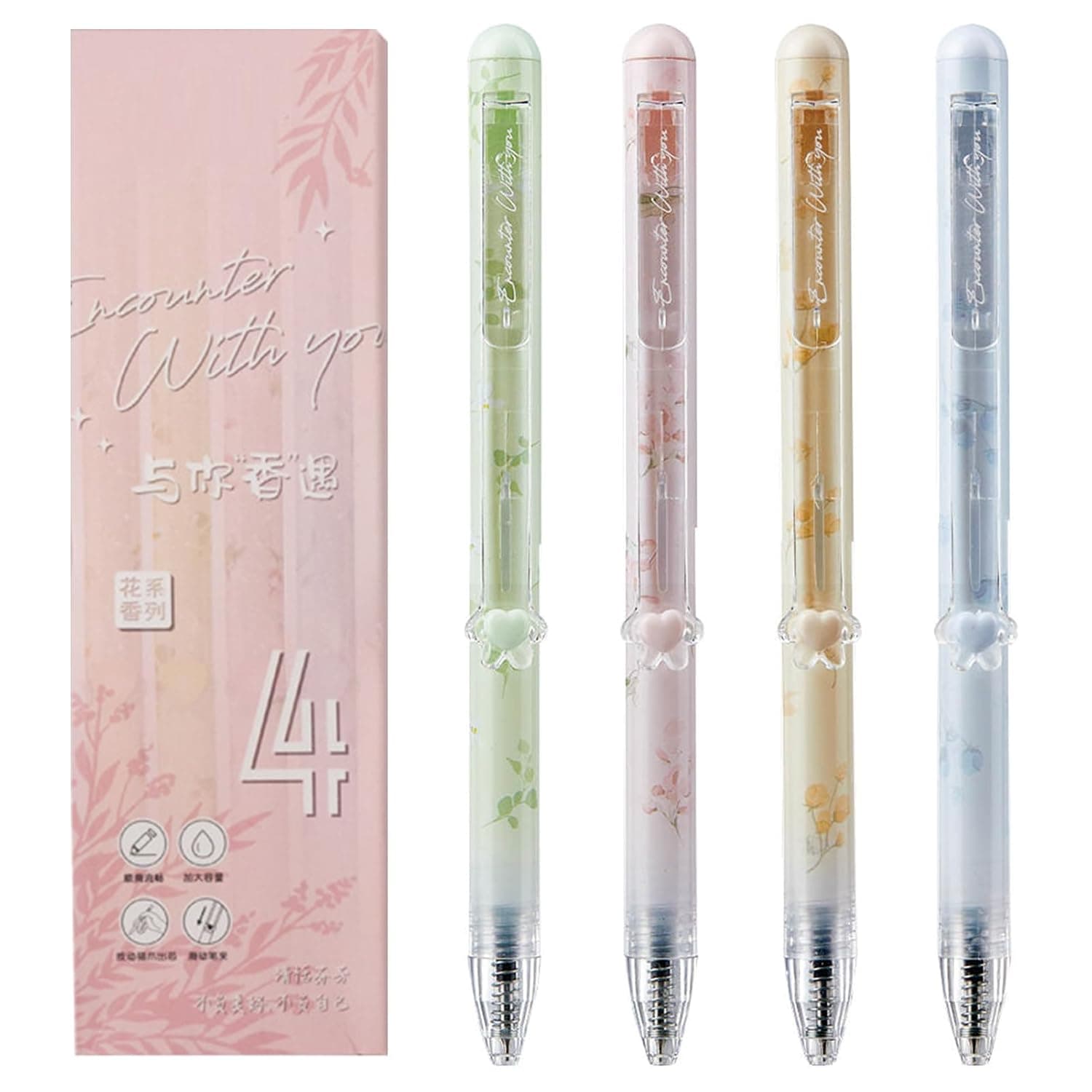MOZXIRZ 4 Pcs Cute Retractable Pens Cat Paw Gel Pens Floral Fragrance Aesthetic Pen 0.5mm Fine Point Black Ink Smooth Writing Pen for Women Girls Office School Supplies (Flower)
