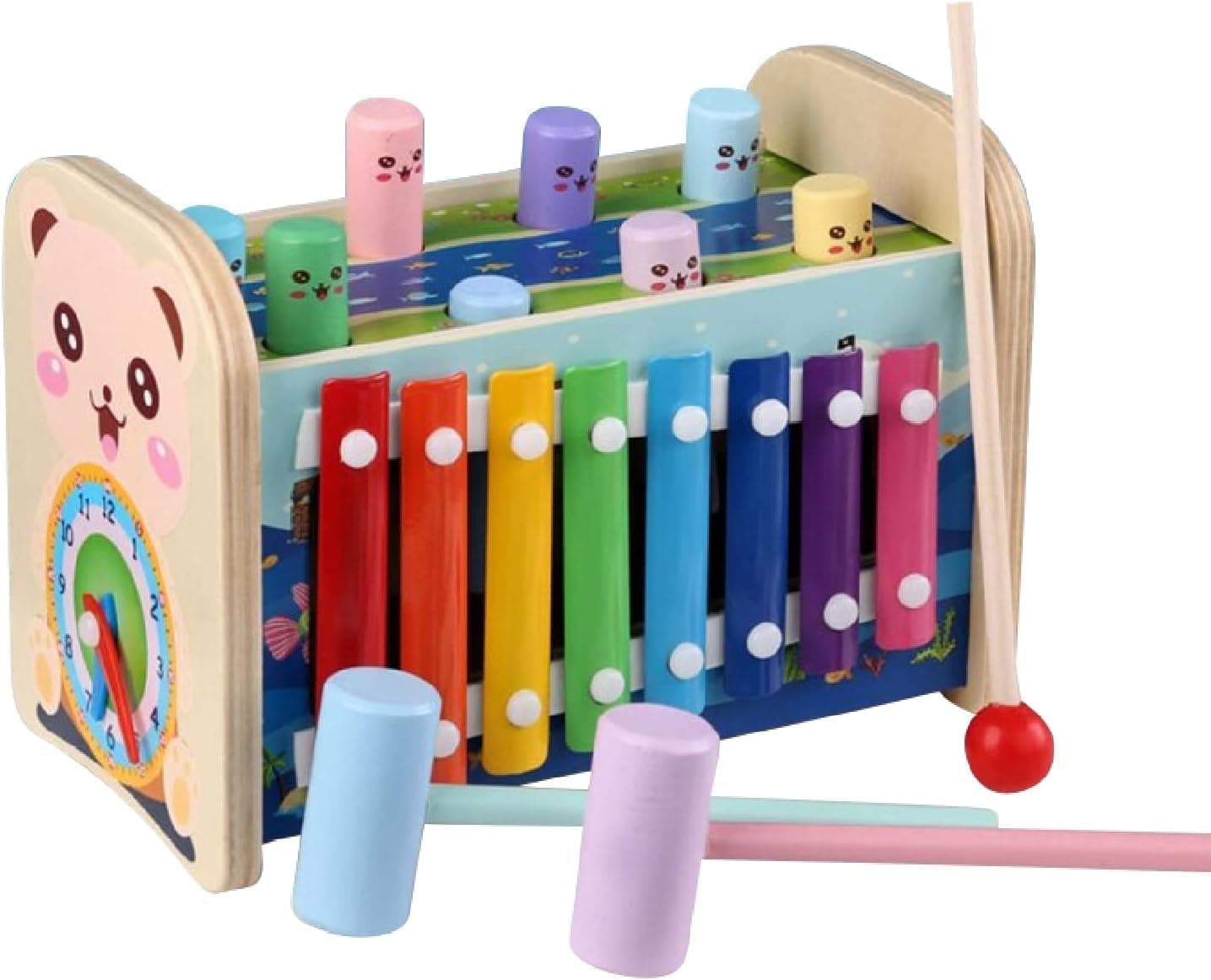 Baybee 7 in 1 Wooden Hammer Toy for Kids with Xylophone,Clock| Wooden Educational Baby Toys with Pounding Bench|Montessori Learning Hammering Toy for kids Boys Girls (Multi color)