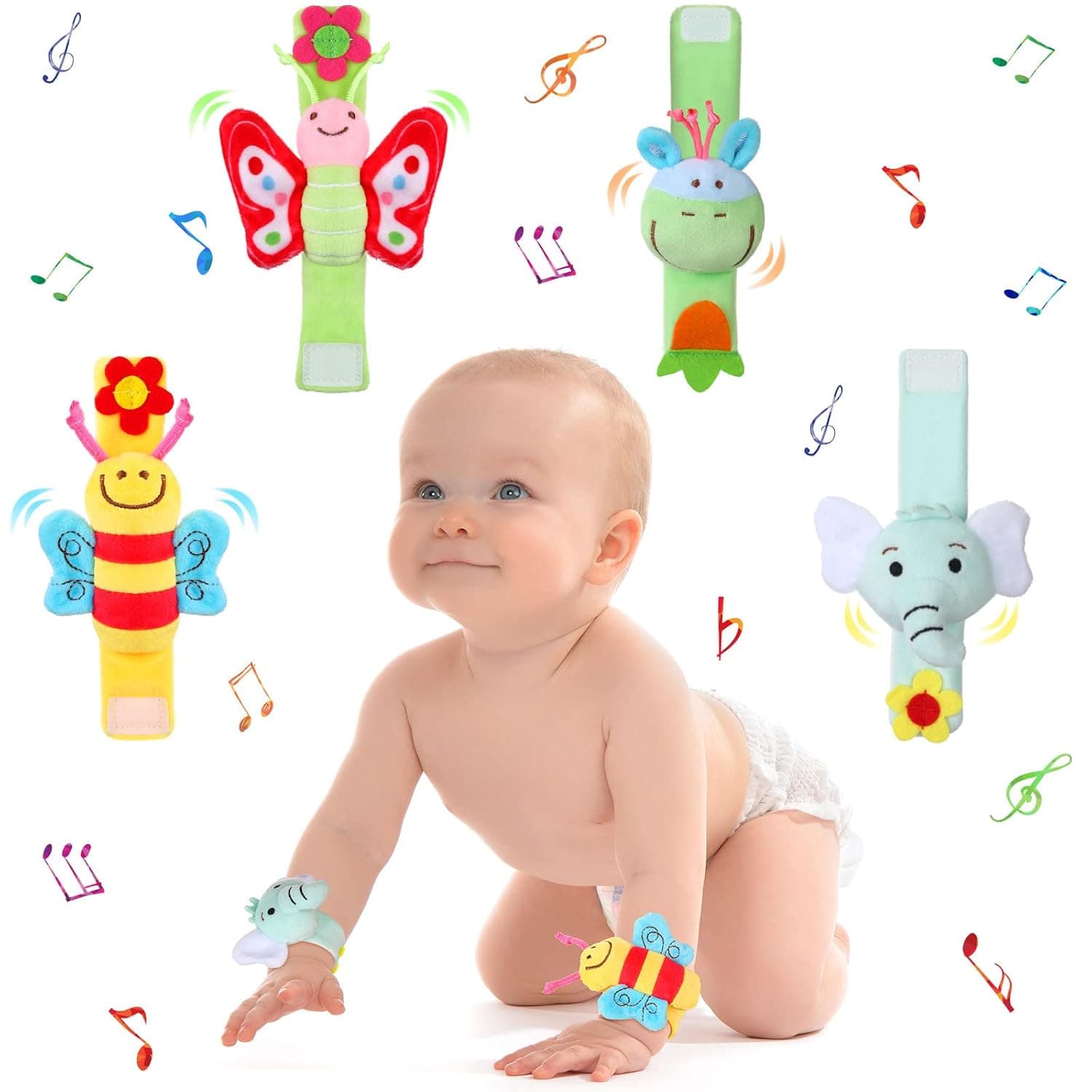 4 Pieces Baby Wrist Rattles Animal Pattern Newborn Rattle Foot Rattles Toy for Babies Boy Girl Infant Birthday Gifts Educational Toys, 4 Designs