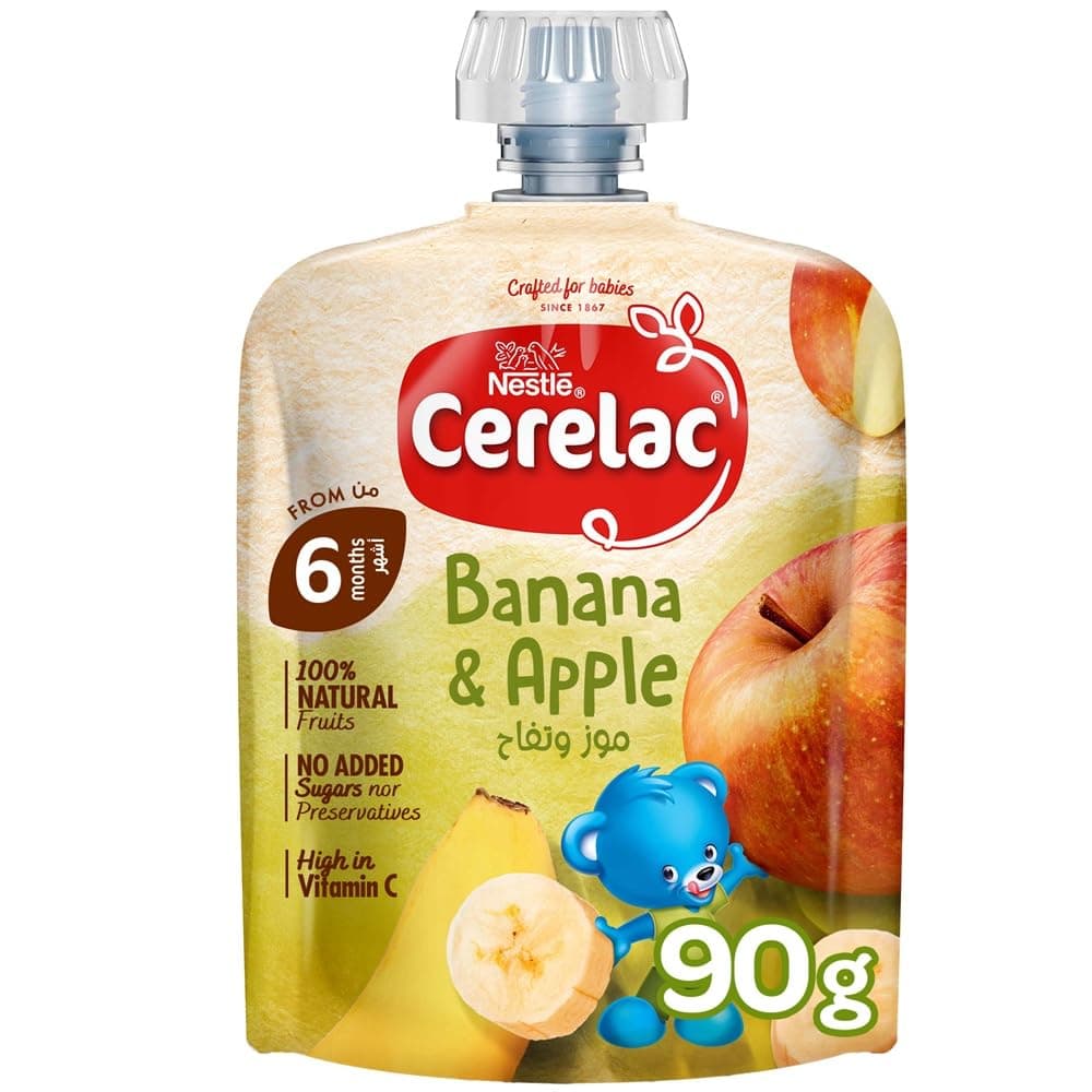 Nestle Cerelac Baby Food Fruits Puree Pouch Banana & Apple, High in Vitamin C, 100% Natural Fruits, No Added Sugars, No artificial flavors, No preservatives. 90G (6m+)