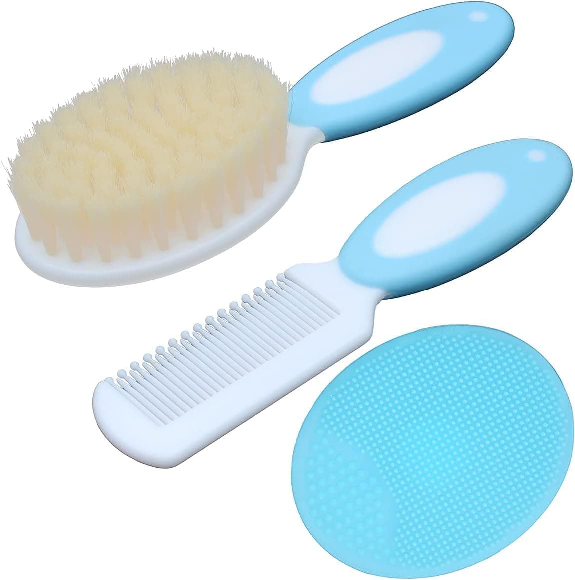 YelaJoy 3 Pcs Baby Grooming Set - Hair Brush, Comb & Silicone Cradle Cap Brush, Durable Natural Soft Baby Cleaning Tool, Portable Baby Care Set, for Newborns & Toddlers (Blue, Imitation Goat Wool)