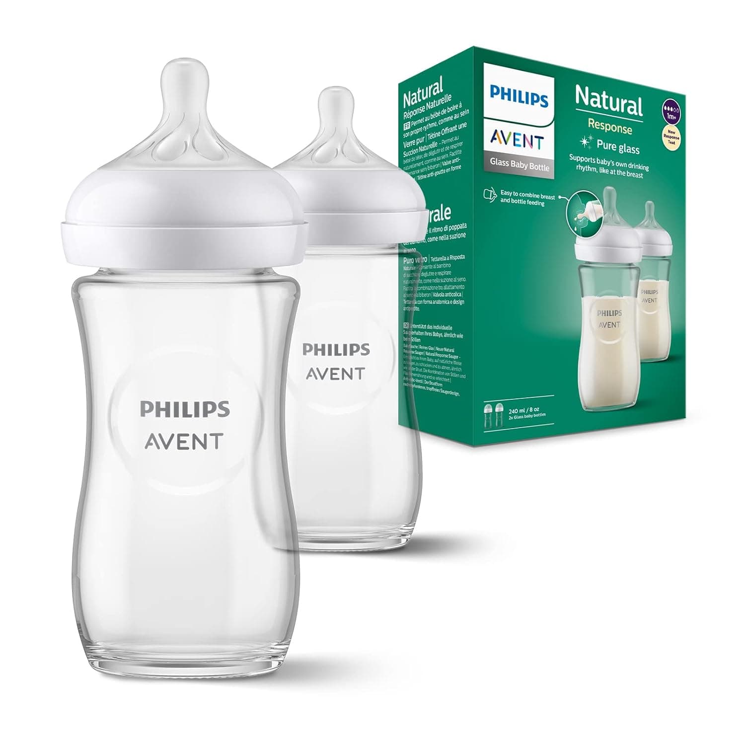 Philips Avent Natural Response Glass Baby Bottles 8oz/240 ml with Medium Flow Teats (Flow 3), 2 Pack, SCY933/02