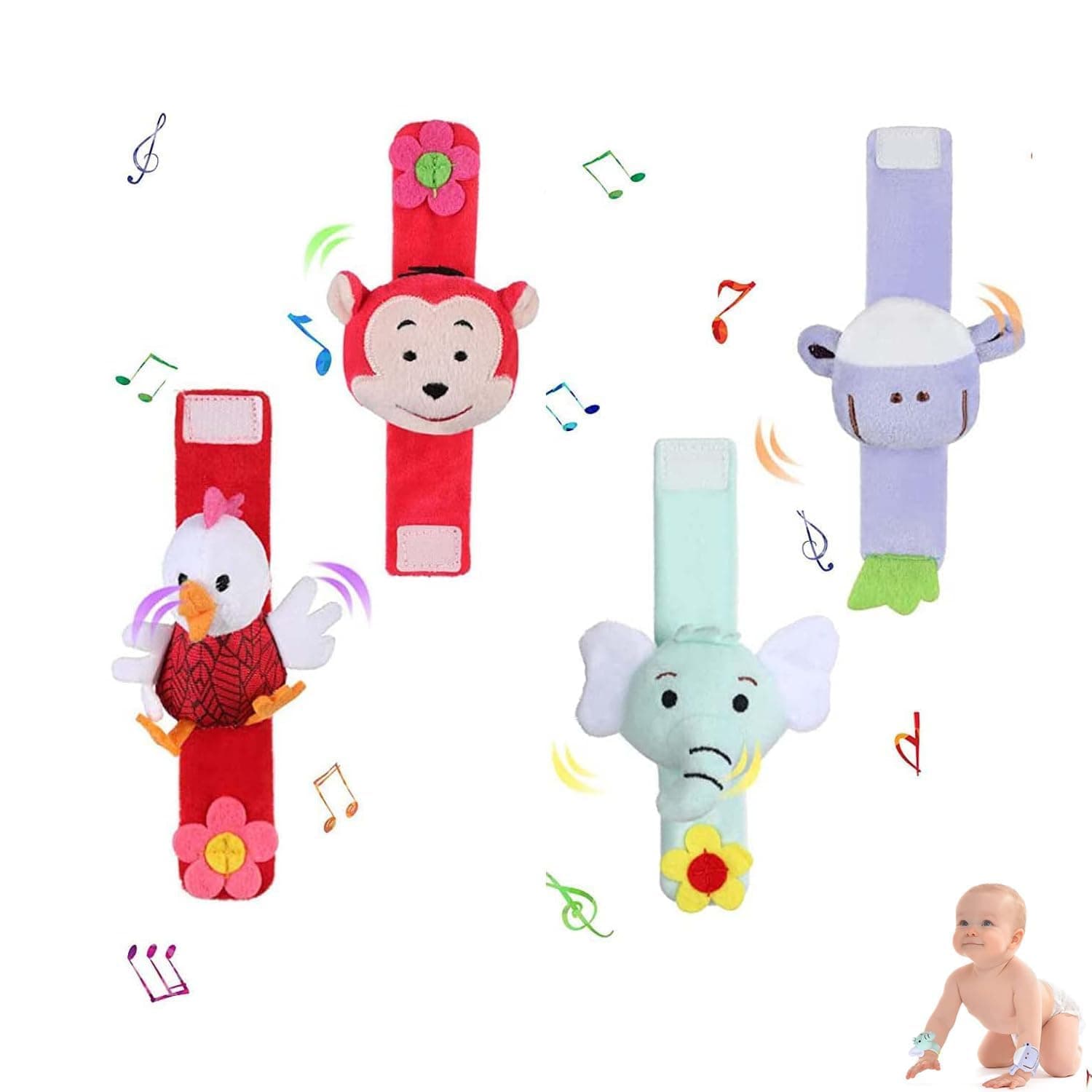 Joyzzz Baby Soft Rattle, 4 Pack Plush Sensory Toys with Crinkle, High Contrast Color Design for Newborns, Lightweight Baby Soft Rattle Set, Developing Motor Skills and Auditory Recognition