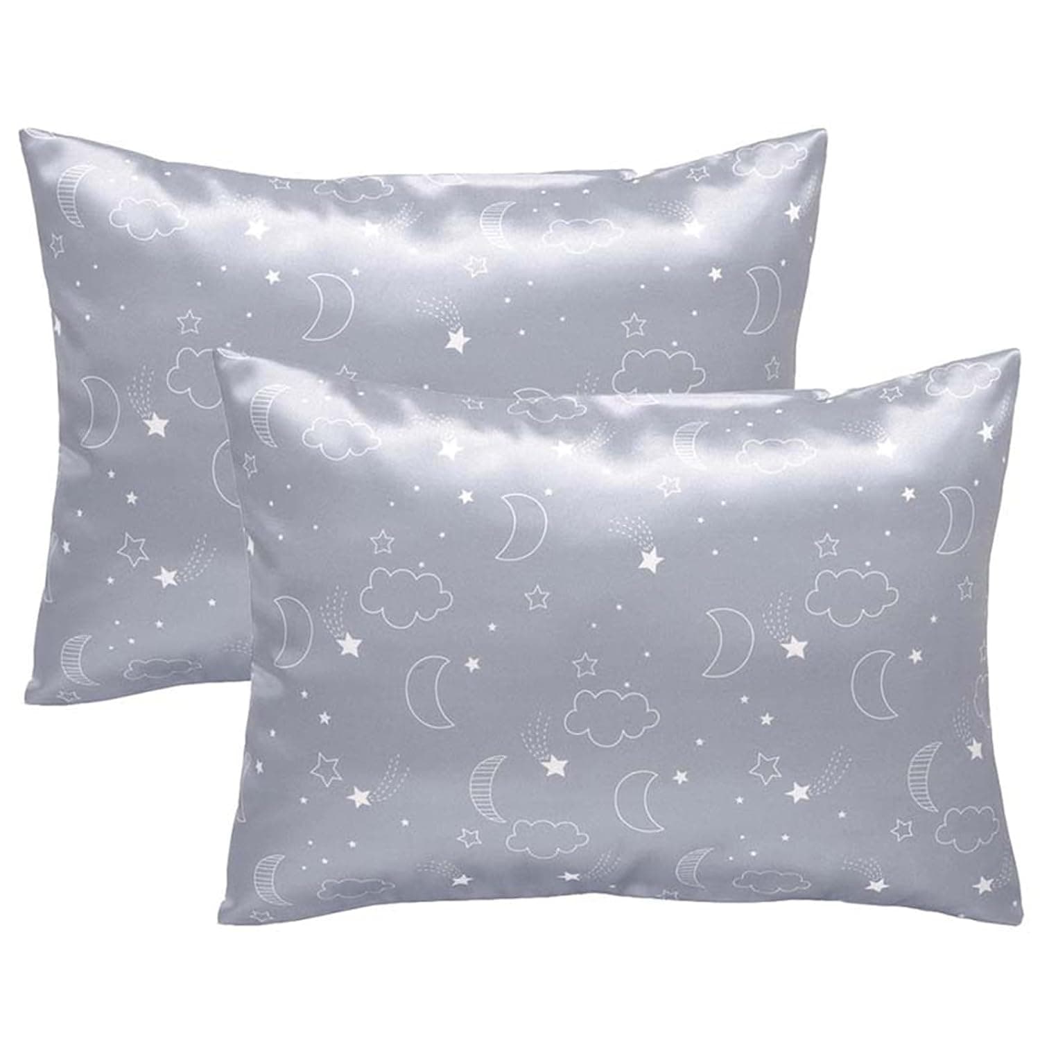 Winmany 2 Pack Toddler Pillow Cases Baby Silk Satin Pillowcases 49 x 36cm Cot Bed Envelope Pillow Cover Kids Soft Travel Pillow Pair Cases for Boys Girls Machine Washable (Grey Cloud Moon)