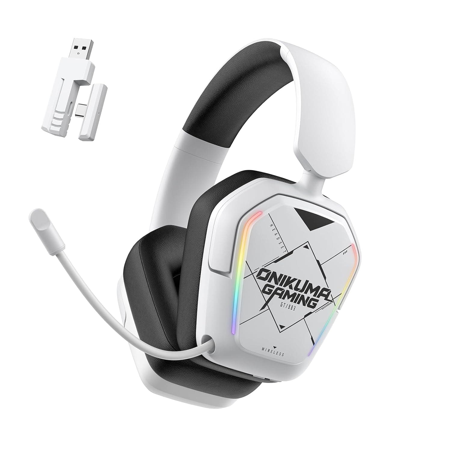 GT883 Wireless Gaming Headset, 7.1 Surround Sound, Tri-Mode (Bluetooth 5.3/2.4G/Wired), Noise Cancelling Mic, Compatible with PS5/PC/Mobile/PS4 - White
