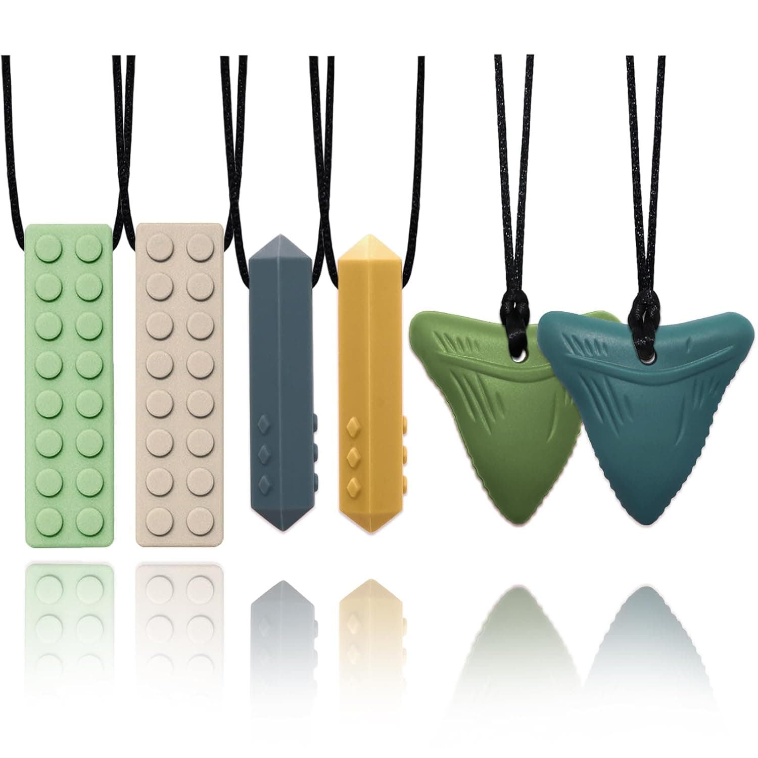 Chew Necklaces for Sensory Kids, 6 Pack Sensory Chew Necklaces for Boys and Girls with Autism, ADHD, SPD, Chewing (Fruit Green, Khaki, Grey, Yellow, Olive Green, Green Coffee)