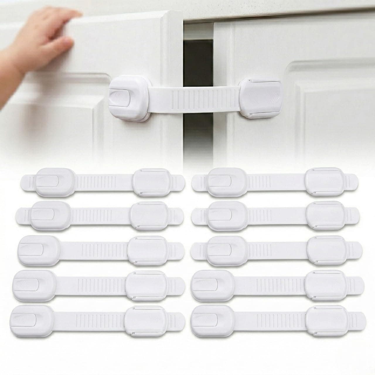 Child Safety Locks - 10 Pieces with 3M Stickers - Adjustable Drawer Locks Without Drilling for Doors, Fridge, Toilet, Oven, Dishwasher and Furniture - White