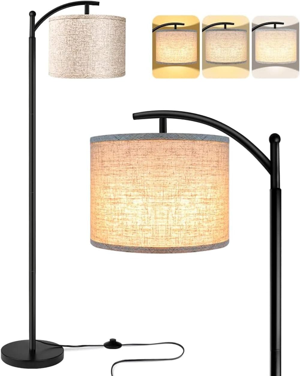 LHKMY Living room, modern curved floor lamp with 9W3 color temperature LED bulbs, adjustable pendant lamp shade, tall industrial style floor lamp, suitable for reading in bedrooms and offices
