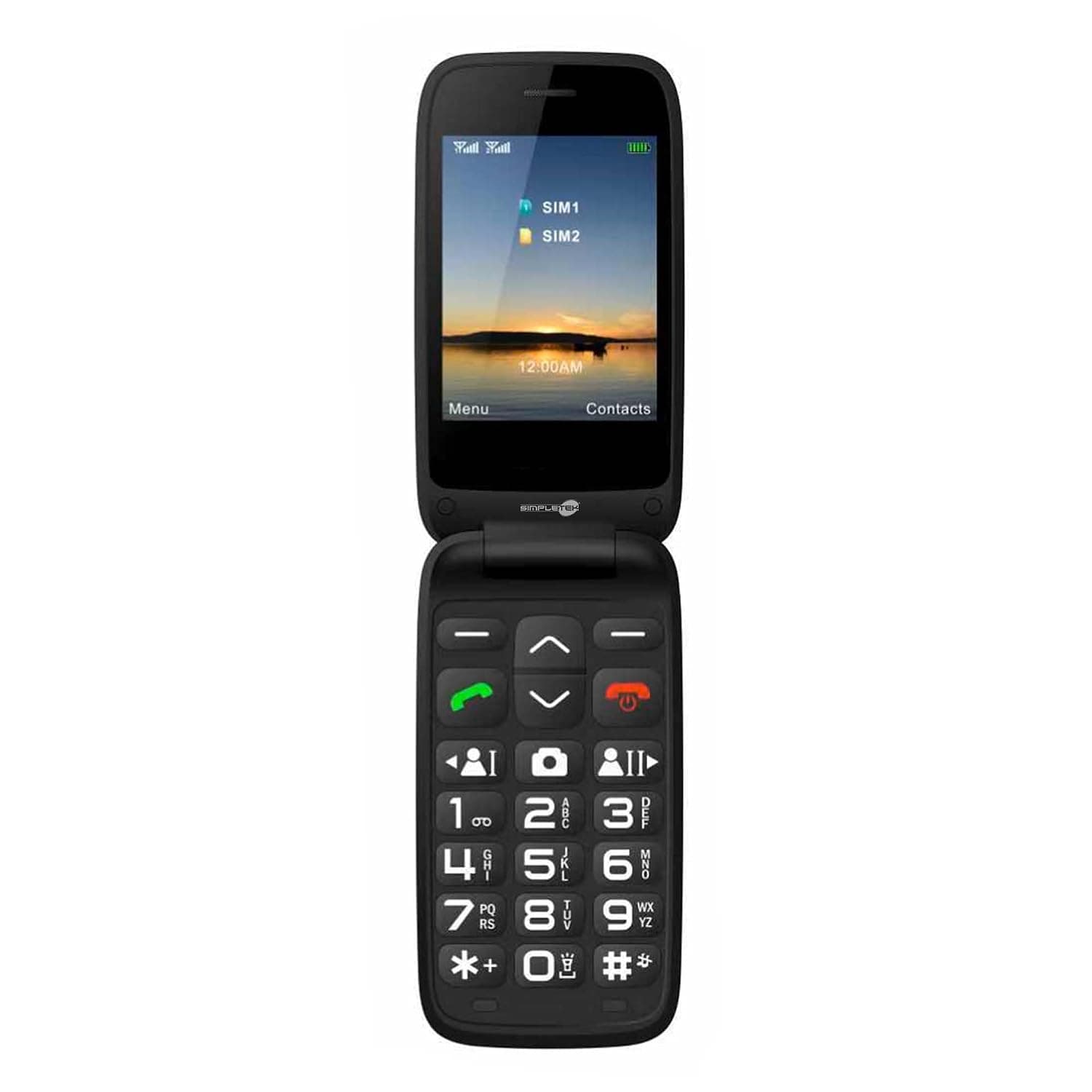 SIMPLETEK - Dual SIM 2.8" SOS Base Clamshell Phone Charging Black | 1.77" Display, USB-C, FM Radio, 0.3 cm Jack, 0.8MP Camera, Removable Battery, 2G GSM, Elderly, Visually Impaired