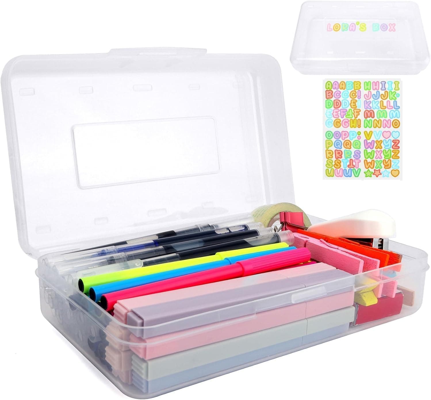 Tazweeq Pencil Box, Large Capacity Plastic Pencil Case, Clear Crayon Box with Snap Tight Lid Stackable Design, Hard Pencil Case with 1 Sticker