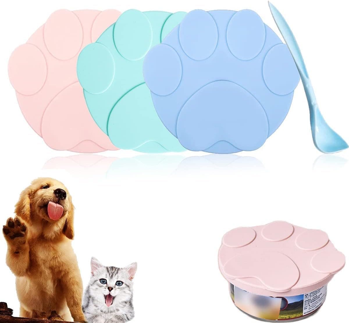 X spring Pet Food Can Lid, 3 PCS Universal Silicone Covers with 1 Spoon, Durable Flexible Tin Caps for Dog and Cat Supplies, Reusable Airtight Storage Keeps Canned Treats Fresh in Fridge