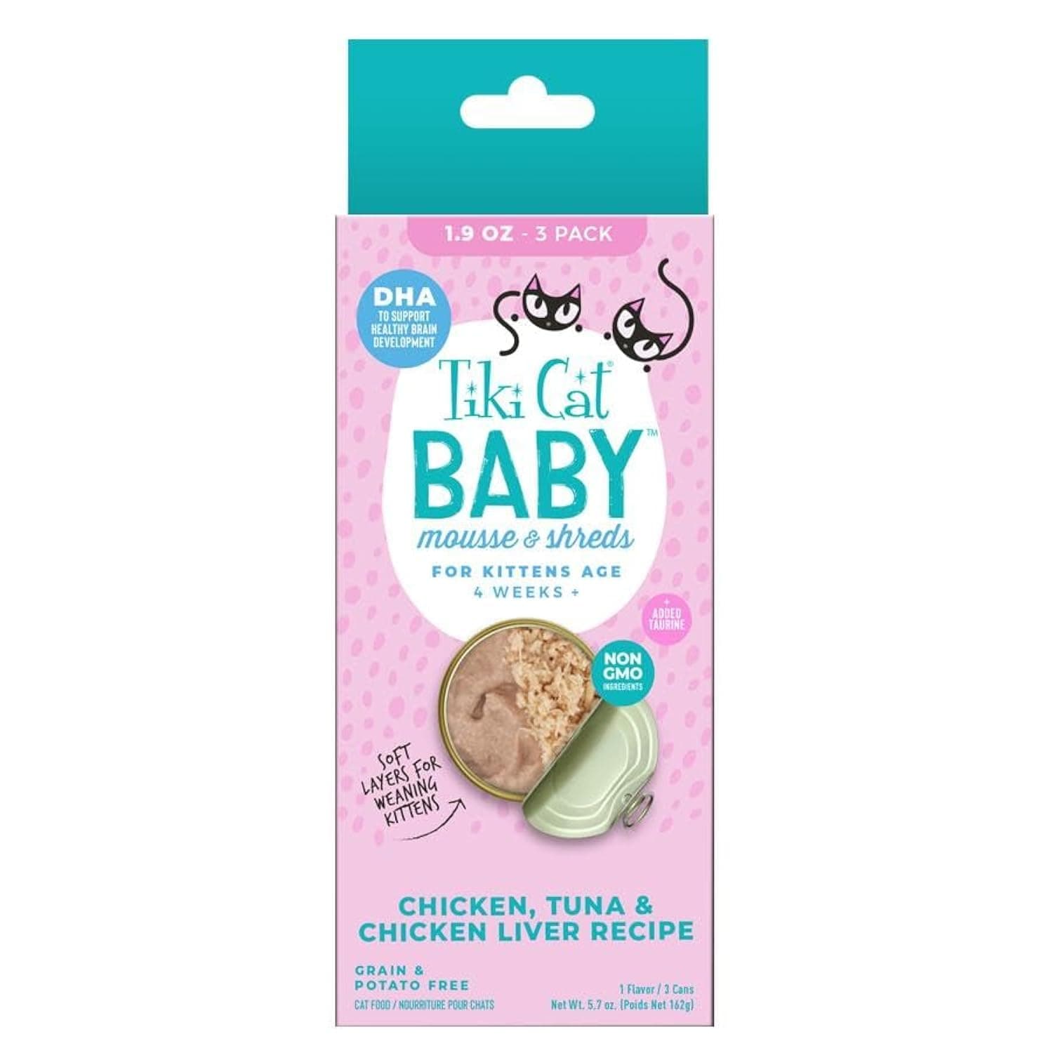 Tiki Cat Baby Wet Food for Kittens, Chicken, Tuna, & Chicken Liver Mousse & Shreds 1.9 oz. Cans (3 Count)