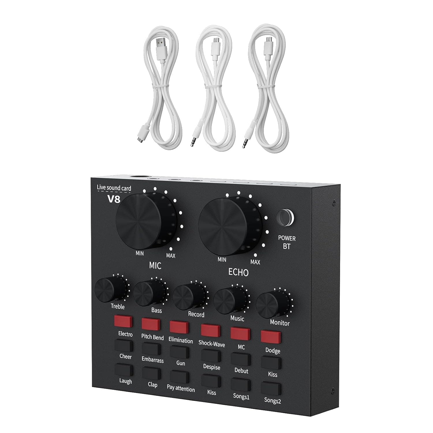 ULHYC External Sound Card, USB V8 Live External Sound Mixer Board, Voice Changer Sound Card with Multiple Sound Effects for Live Recording Home KTV Voice Chat (V8)