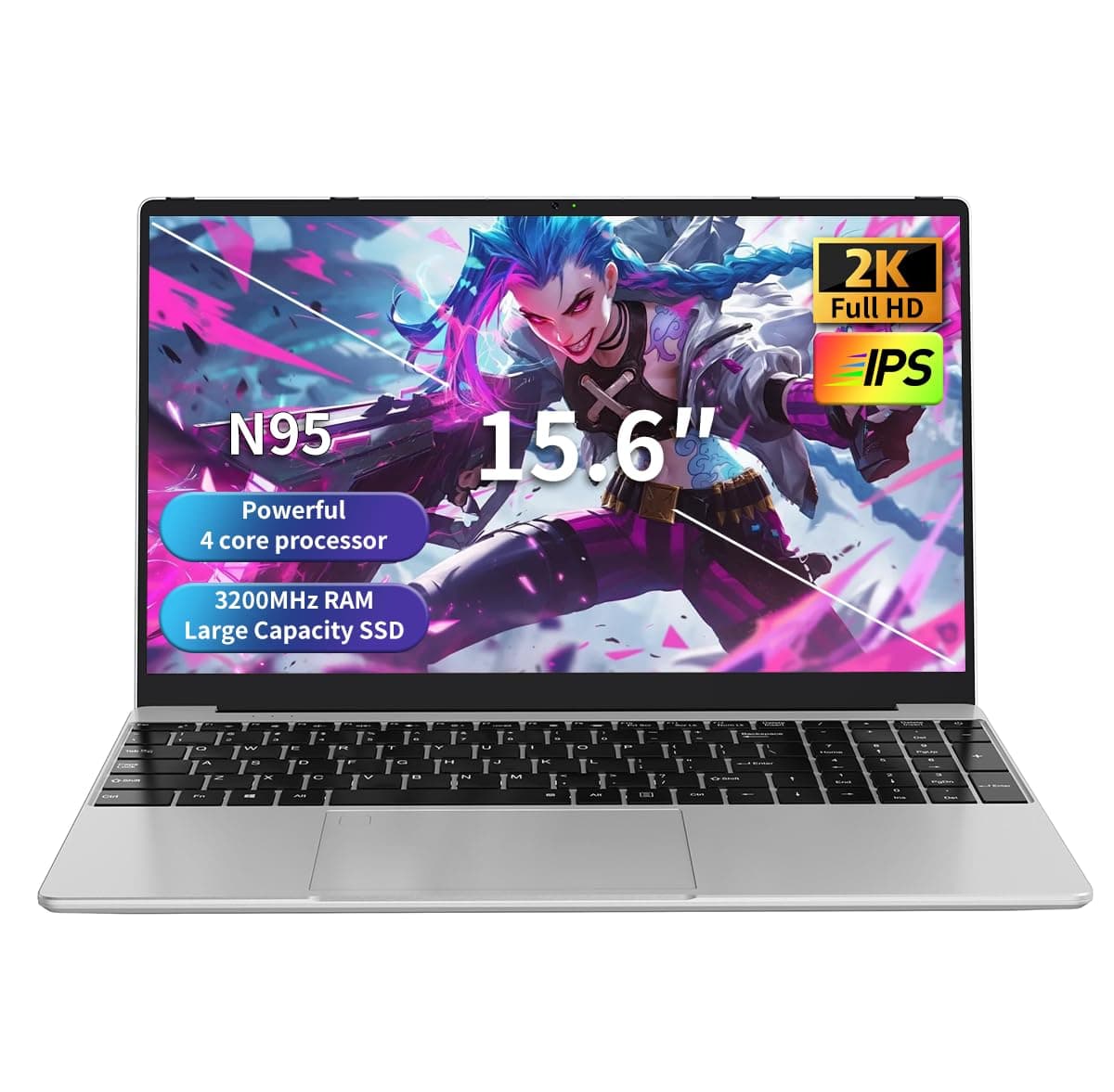 Gaming Laptop with N95 up to 3.4GHz, 16GB RAM, 512GB SSD, 15.6" 2K Display – Fast Windows Gaming Laptop for Work, Study – Slim & Lightweight with Fingerprint Unlock