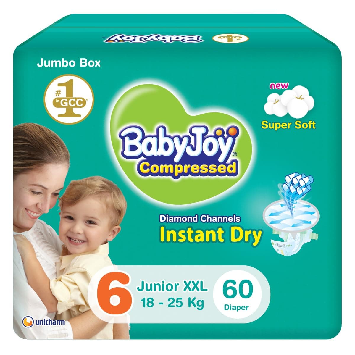 Babyjoy Compressed Diamond Pad, Size 6, Junior Xxl, 16+ Kg, Jumbo Box, 60 Diapers