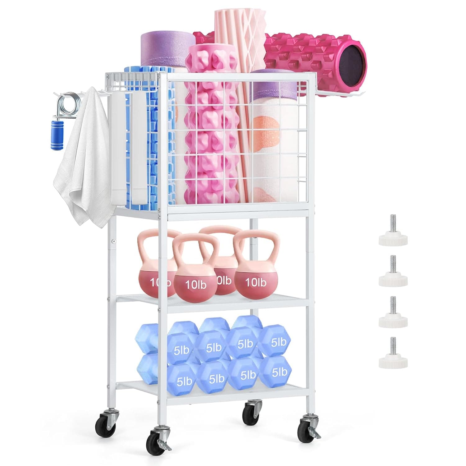 Weight Rack for Home Gym, Workout Equipment Storage Organizer, Home Gym Yoga Mat Storage Rack, Weight Storage Racks with Hooks, Yoga Mat Holder with Wheels for Yoga Block, Dumbbell, Resistance Band