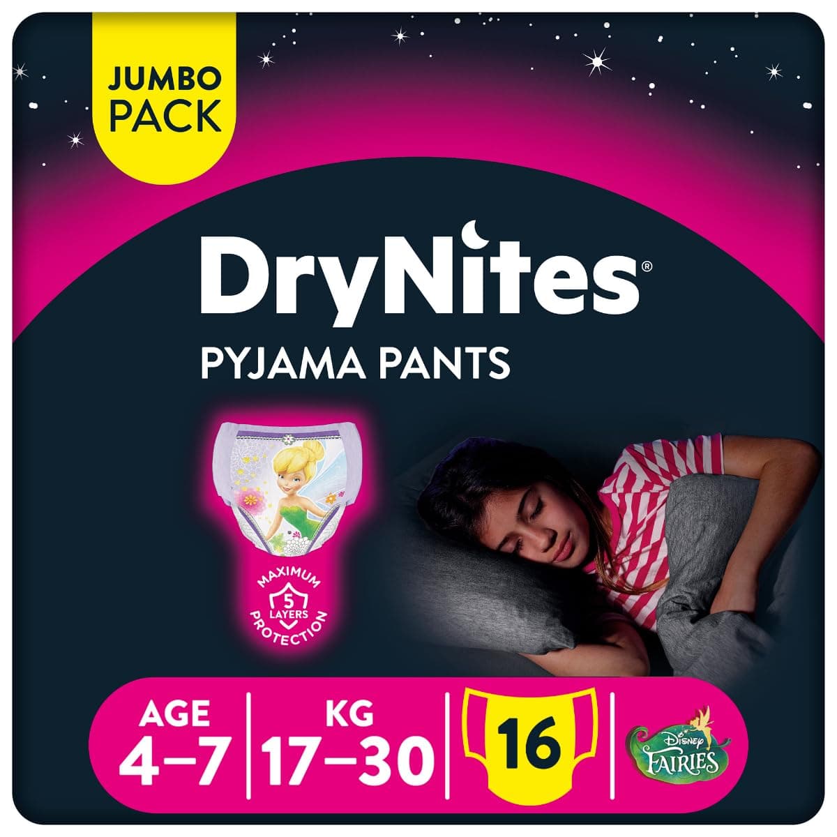 Huggies DryNites Pyjama Pants For Girls Fiaries Age 4-7 (17-30 KG) 16 Pants