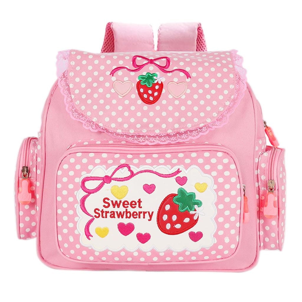 HANNEA® School Bag for Girls, Kawaii Canvas Backpack, Pink Backpacks with Sweet Strawberry Embroidery, Multi Pockets Canvas Travel Bag for 3-5 Years Old, Casual Backpack for Children's Day Gift