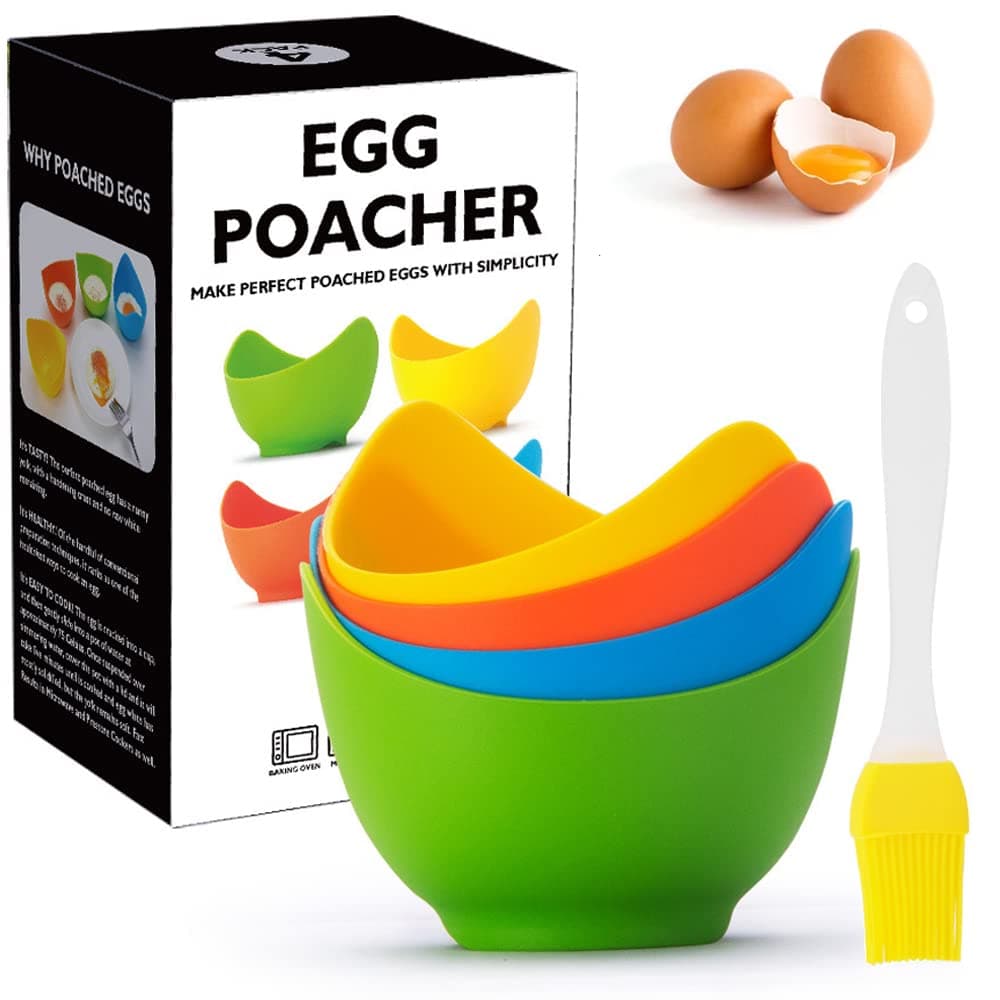 YomiFamily 4 Pack Silicone Egg Poacher Cups with Ring Standers, Nonstick Egg Poaching Cups for Air Fryer, Baking oven or Stovetop Cooking, BPA Free