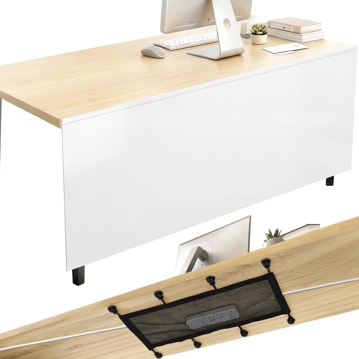 Tegeme White Under Desk Privacy Panel with Cable Management Net Desk Skirt Self Adhesive Modesty Panel with Cord Organizer Pockets for Office Home Standing Workstation (60'')