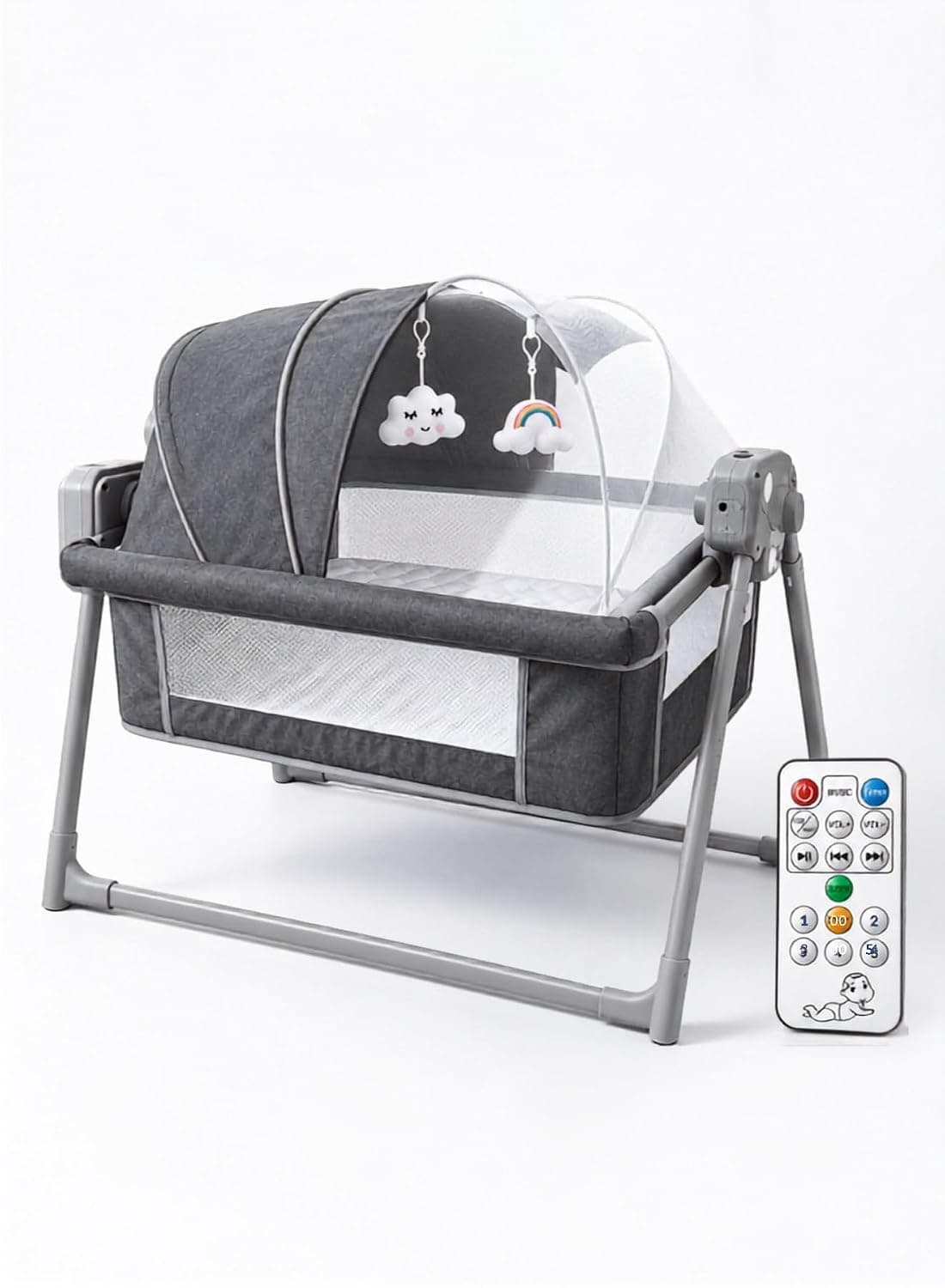 Electric Baby Bed Bassinet with Bluetooth Music, Remote Control & App Control – 5-Level Automatic Rocking Baby Cradle with Timer, Lights, Mattress, Mosquito Net, & Breathable Mesh Sides – Grey