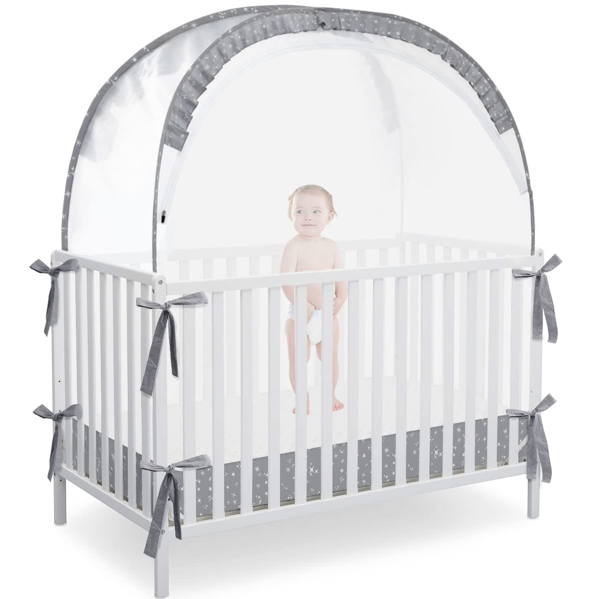 L RUNNZER Pop Up Baby Crib Tent, Crib Net Canopy to Keep Baby in, Crib Mosquito Net with Viewing Window, Soft Mesh Cover & Pop Up Structure