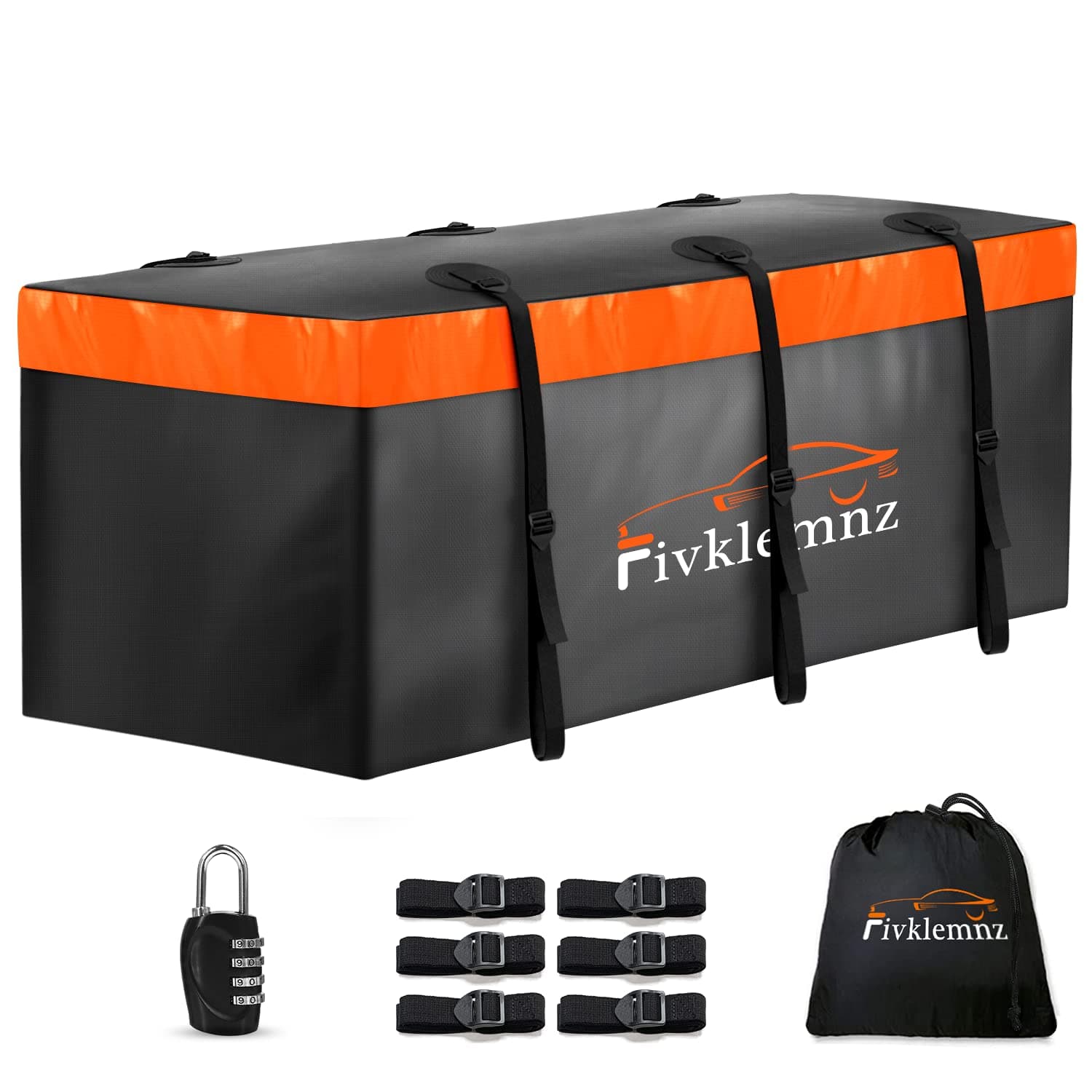 FIVKLEMNZ Hitch Mount Cargo Carrier Bag，20 Cubic Feet 100% Waterproof Car Tray Luggage Bag (59''24''24'') w/ 6 Reinforced Straps + 1 Combination Lock，Fits All Vehicles w/Steel Trailer Basket，Black