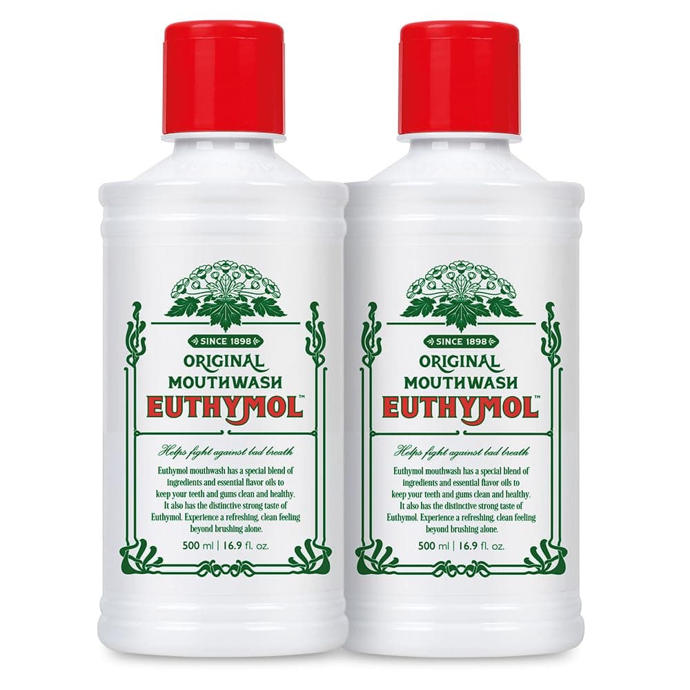 Euthymol Original Mouthwash 500ml x 2, Fluoride Free, Intense Taste, Reduces Plaque, Healthy Teeth and Gums, Freshens Breath, Daily Oral Care