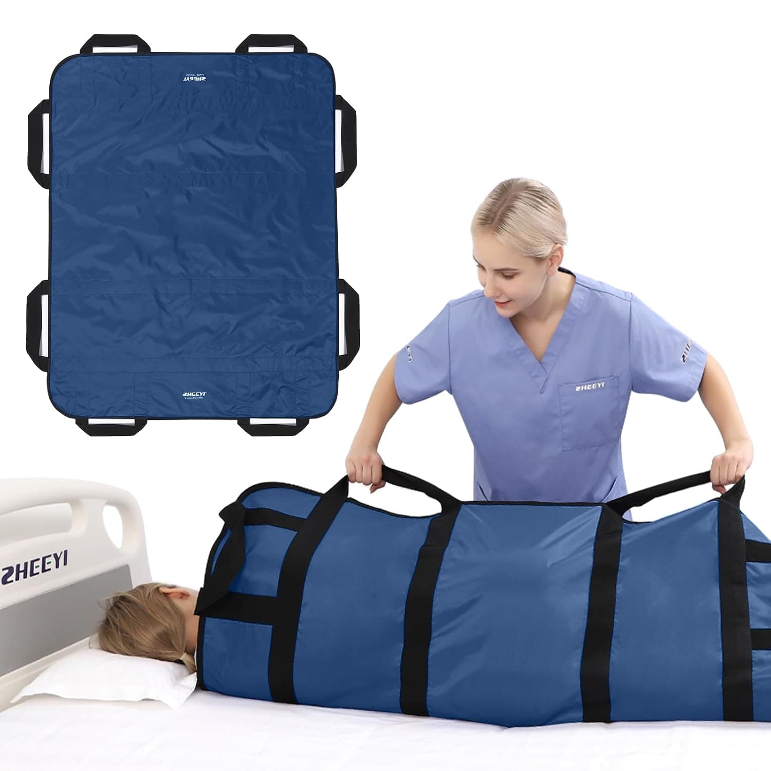 Multipurpose 48" x 40" Positioning Bed Pad with Reinforced Handles - Reusable & Washable Transfer Sheet for Turning, Lifting & Repositioning - Double-Sided Nylon Fabric, Navy Blue