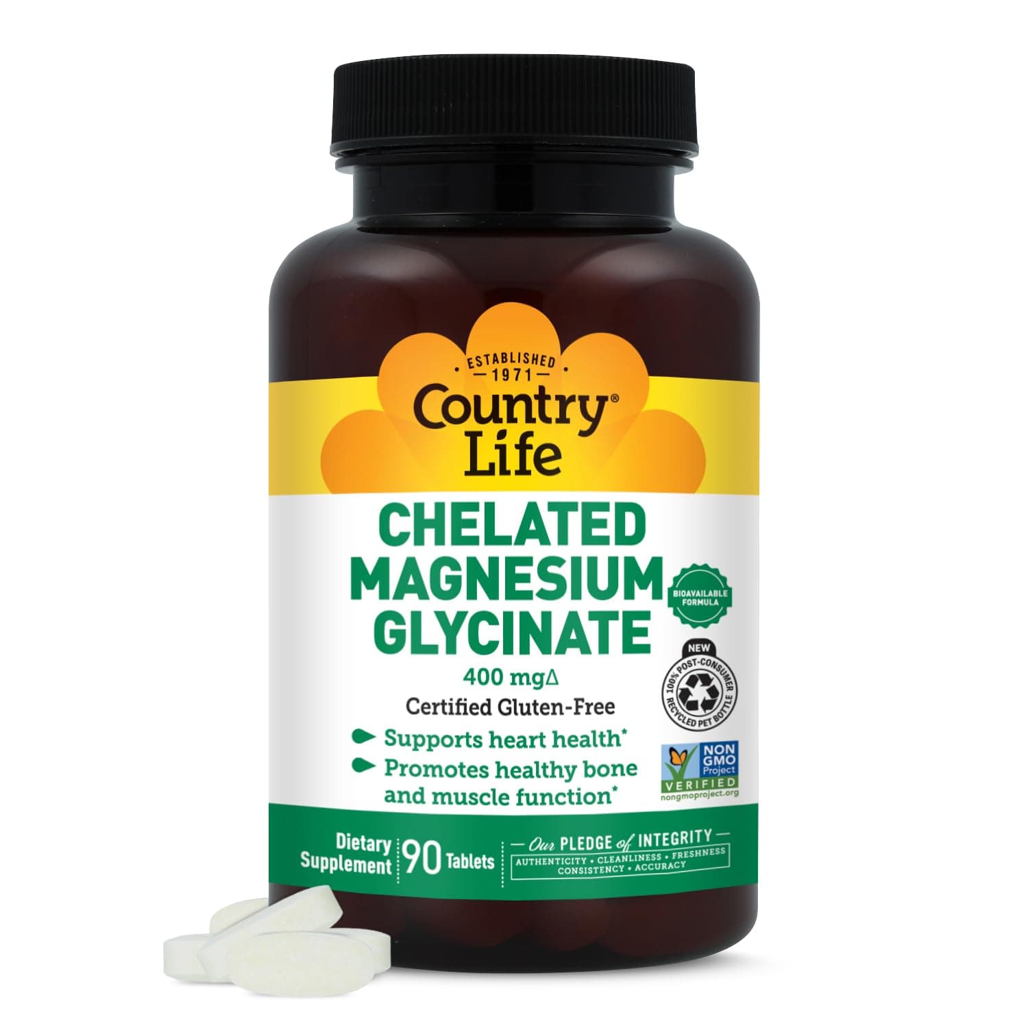 Country Life Chelated Magnesium Glycinate 400mg, 90 Tablets, Certified Gluten Free, Certified Vegan, Certified Halal, Non-GMO Verified | Bioavailable magnesium bisglycinate to support heart, bone and muscle function