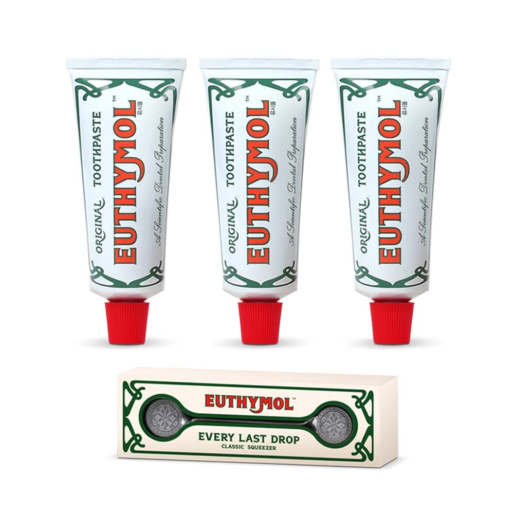 Euthymol Original Toothpaste 75ml x 3 + Euthymol Toothpaste Squeezer x 1, No Fluoride, Anti-plaque, Anti Bacterial, Cavity Protection, Teeth Gums Clean Healthy, Cool Mint Freshener