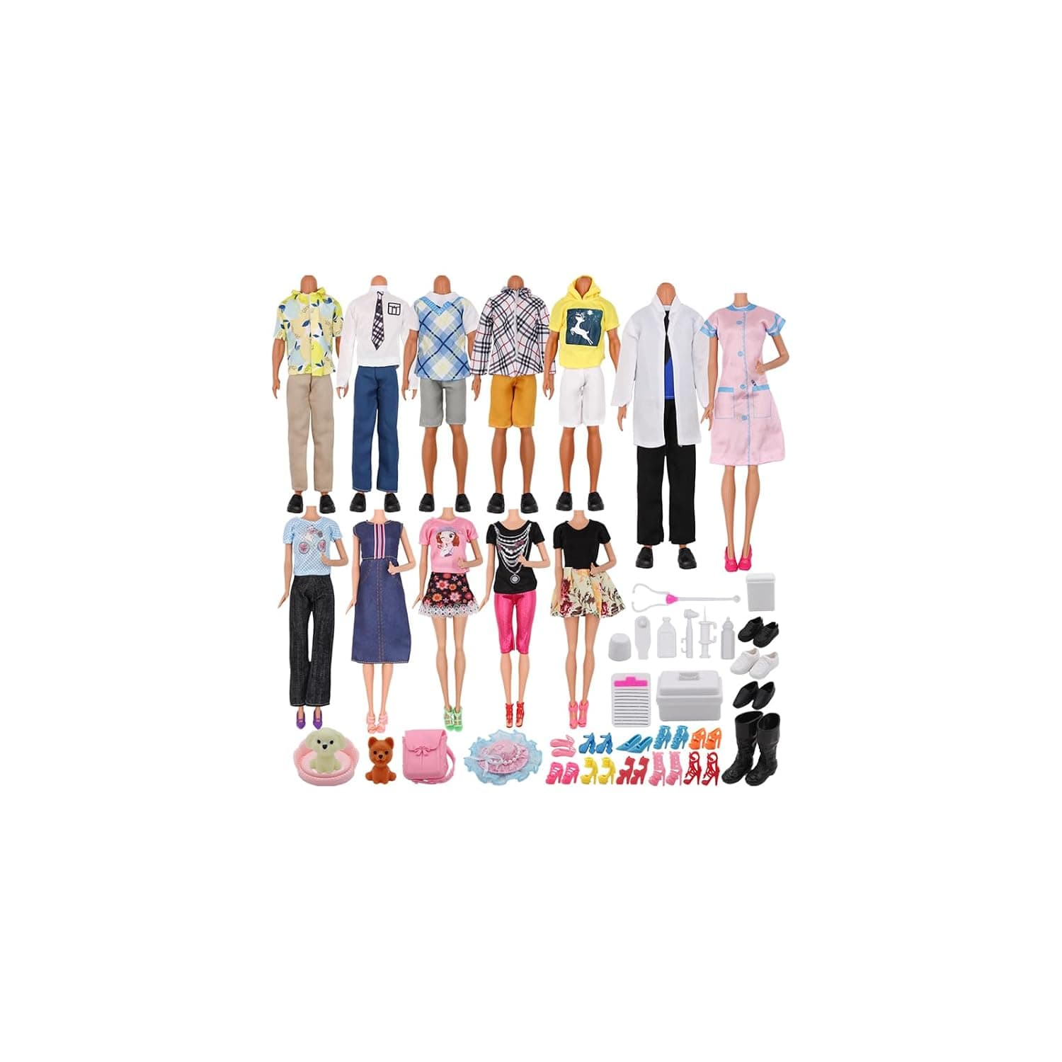 ZTWEDEN 85Pcs Doll Clothes and Accessories for 12 Inch Boy Dolls and Girl Dolls Pet Care Set Includes 25 Wear Clothes Shirt Jeans Suit Shoes Pet Doctor Playset Trolley Backpack for 12'' Boy Girl Doll