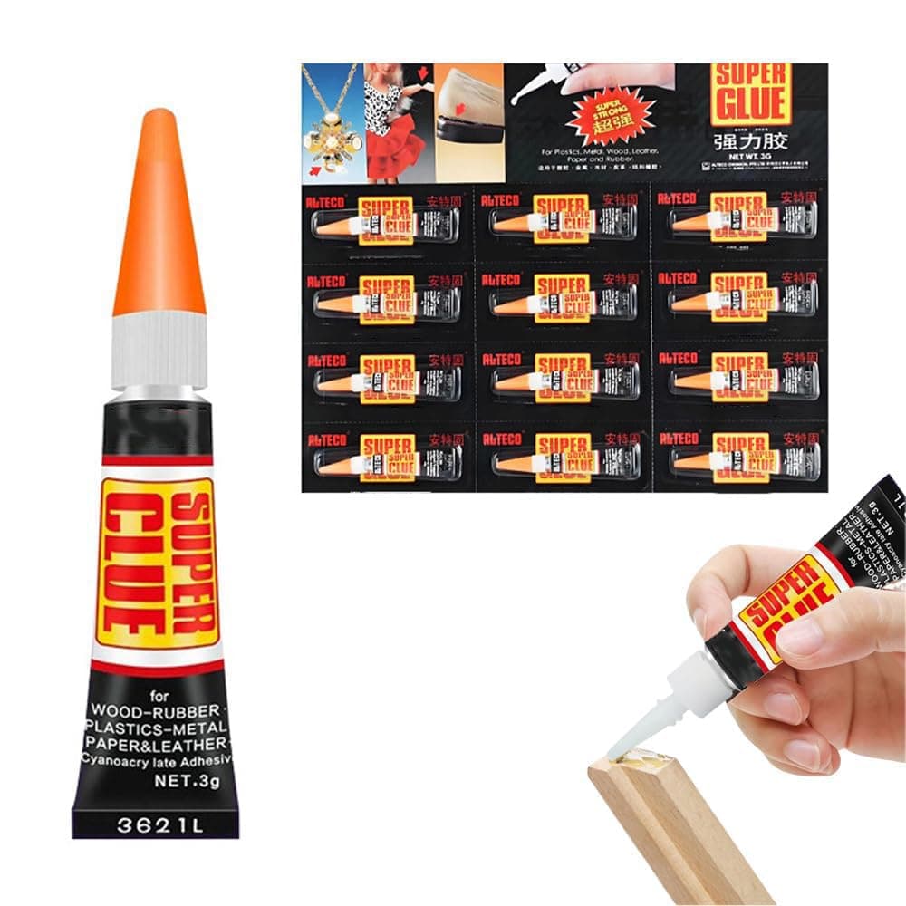 Super Glue Gel, Super Glue Gel- Fast-Drying, Thick, Strong Adhesive for Plastics, Ceramics, Metal, Wood, Leather, Crafts, Industrial Strength, Clear, No-Mess Application (3g 12Pcs)