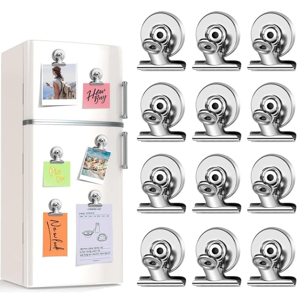 غوودرن مشابك مغناطيسية شديدة التحمل، عبوة من 12 قطعة من مغناطيس الثلاجة القوي بمشبك مغناطيسي فضي للسبورة البيضاء والثلاجة، مشابك مغناطيسية متينة لعرض الصور في المنزل والمكتب والفصول الدراسية