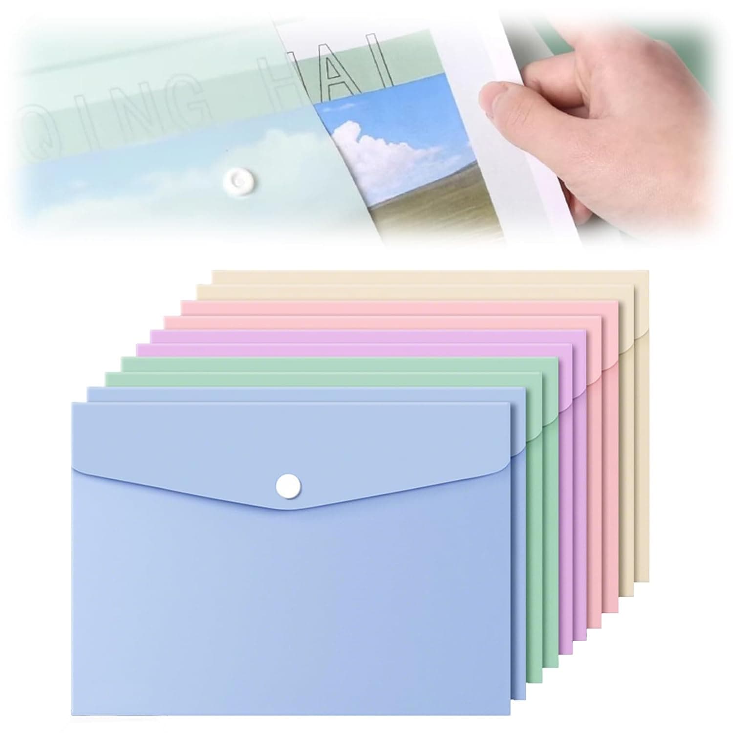 Mizznee 10 Pack Plastic Envelopes, For A4 Clear Multicolored Envelopes File Bags With Snap Button, Document Folders Organizers, School Home Office Stationery Tools (Five Colors)