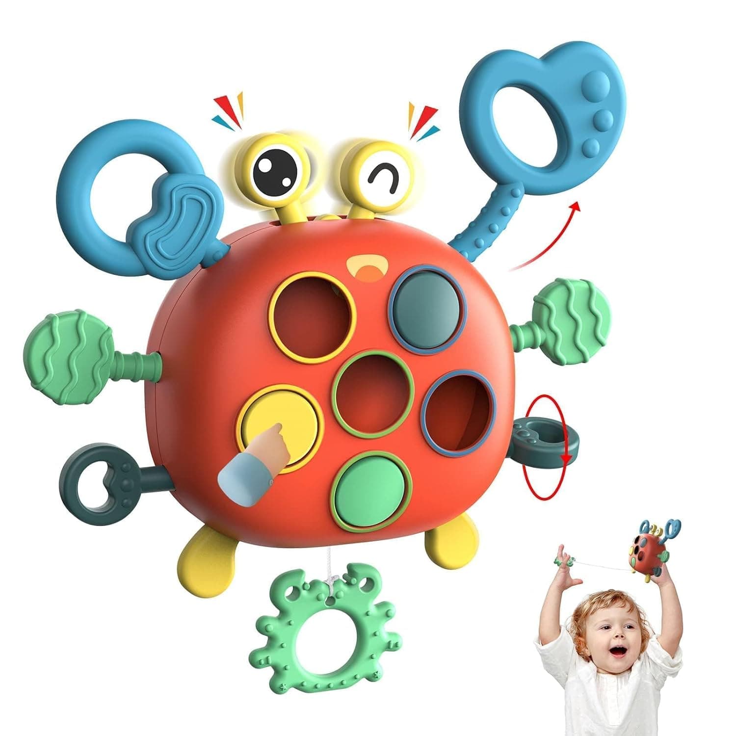 Joyzzz Baby Sensory Toys, Silicone Pull String Crab, Montessori Activity Toy for Toddlers 1 Year Old, Interactive Early Learning Development, Portable Travel Play for Fine Motor Skills