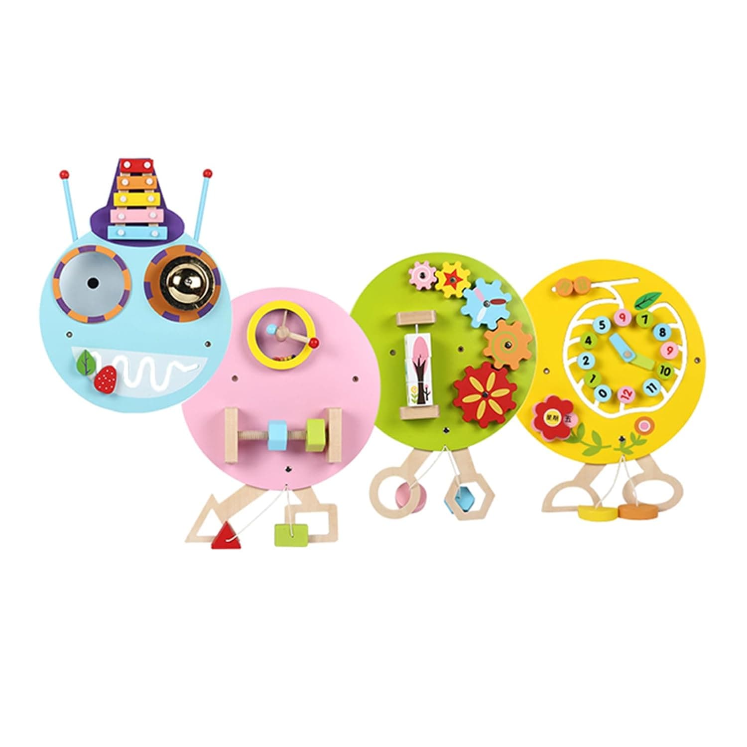Wooden children's playroom decorated with wall toys, a variety of toy combinations for boys and babies (caterpillar)