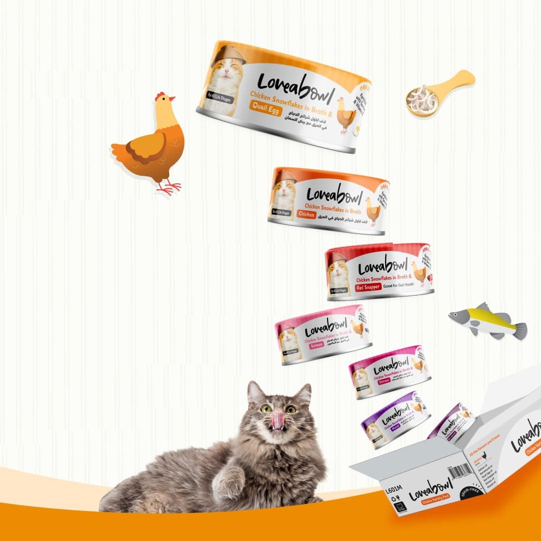 Loveabowl Wet Cat Food Chicken Snowflakes in Broth, Grain-Free Variety Pack, 6 Flavours, 24 Cans, 70g Each