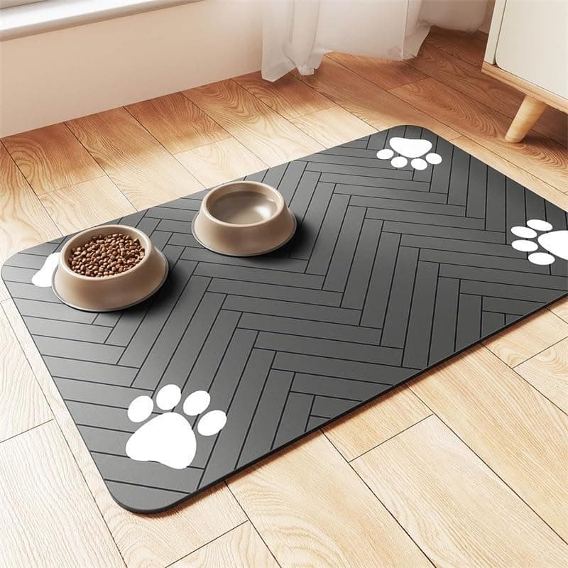 Dog Feeding Mat, 12''x16'' Waterproof Non-Slip Paw Print Pet Food Mat, Spill-Proof Dog Bowl Mat for Floor Protection(Black)