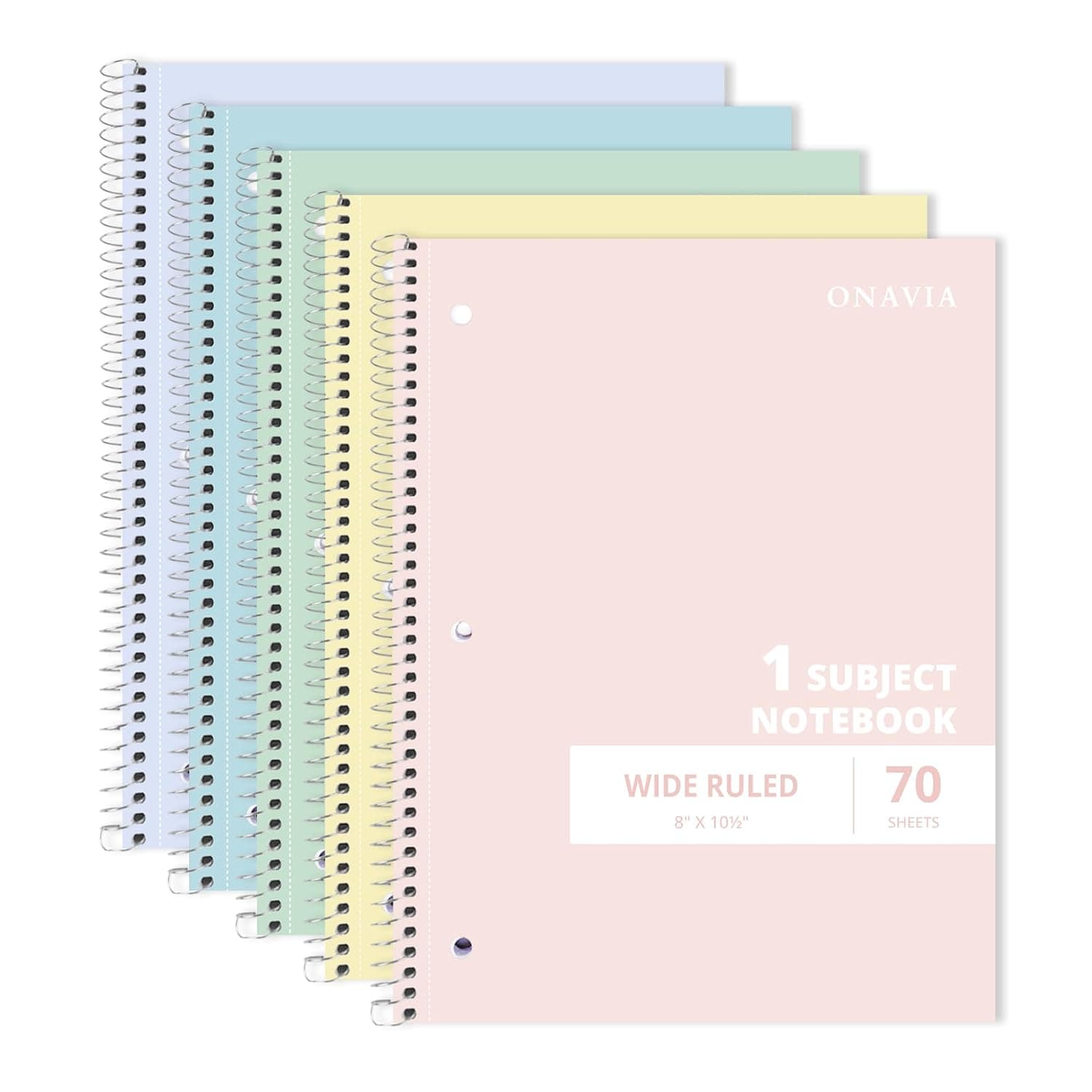 ONAVIA 1 Subject Spiral Notebook, 5 Pack, Wide Ruled, 7-1/2" x 10-1/2", 70 Sheets, 3-Hole Punched Paper for Students, Teachers, Classrooms, Assorted Colors