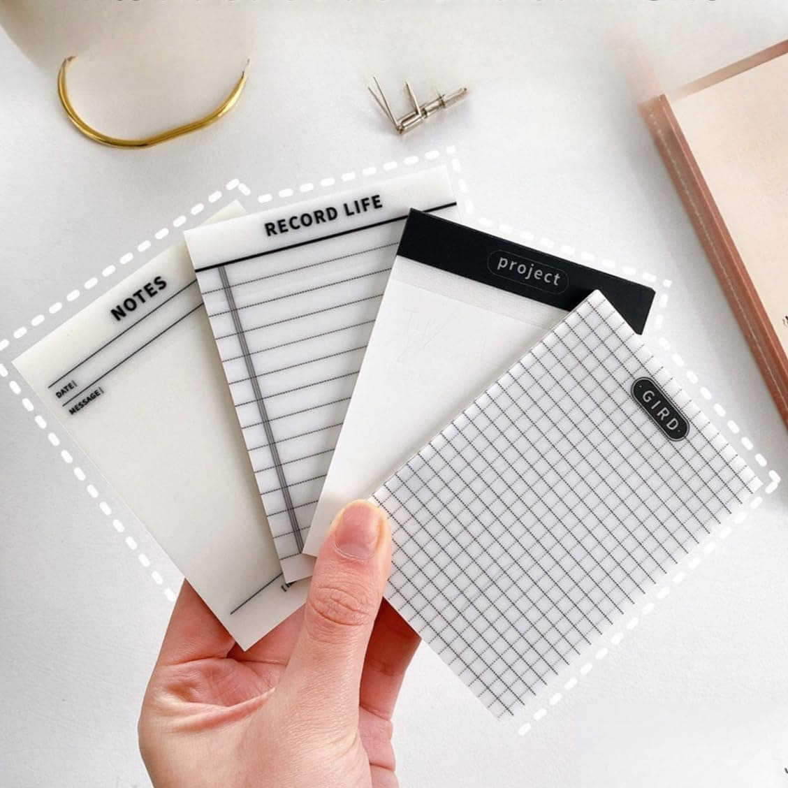 4 Pads Transparent Sticky Notes, Lined, Gird, Record Life, Project, Notes, Clear Sticky Notes, Waterproof Self-Stick Pads, Easy to Post for Office, Home, Notebooks (200 Sheets)