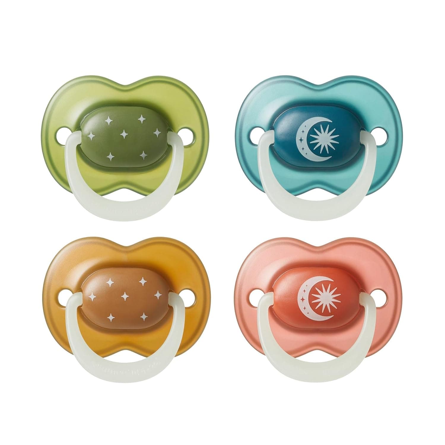 Tommee Tippee NightGlow Dummies, Pack of 4, Light Up in the Dark, Orthopedic Pistons, Extra Air Holes, Symmetrical Fit, 100% BPA Free Silicone Muted Shades