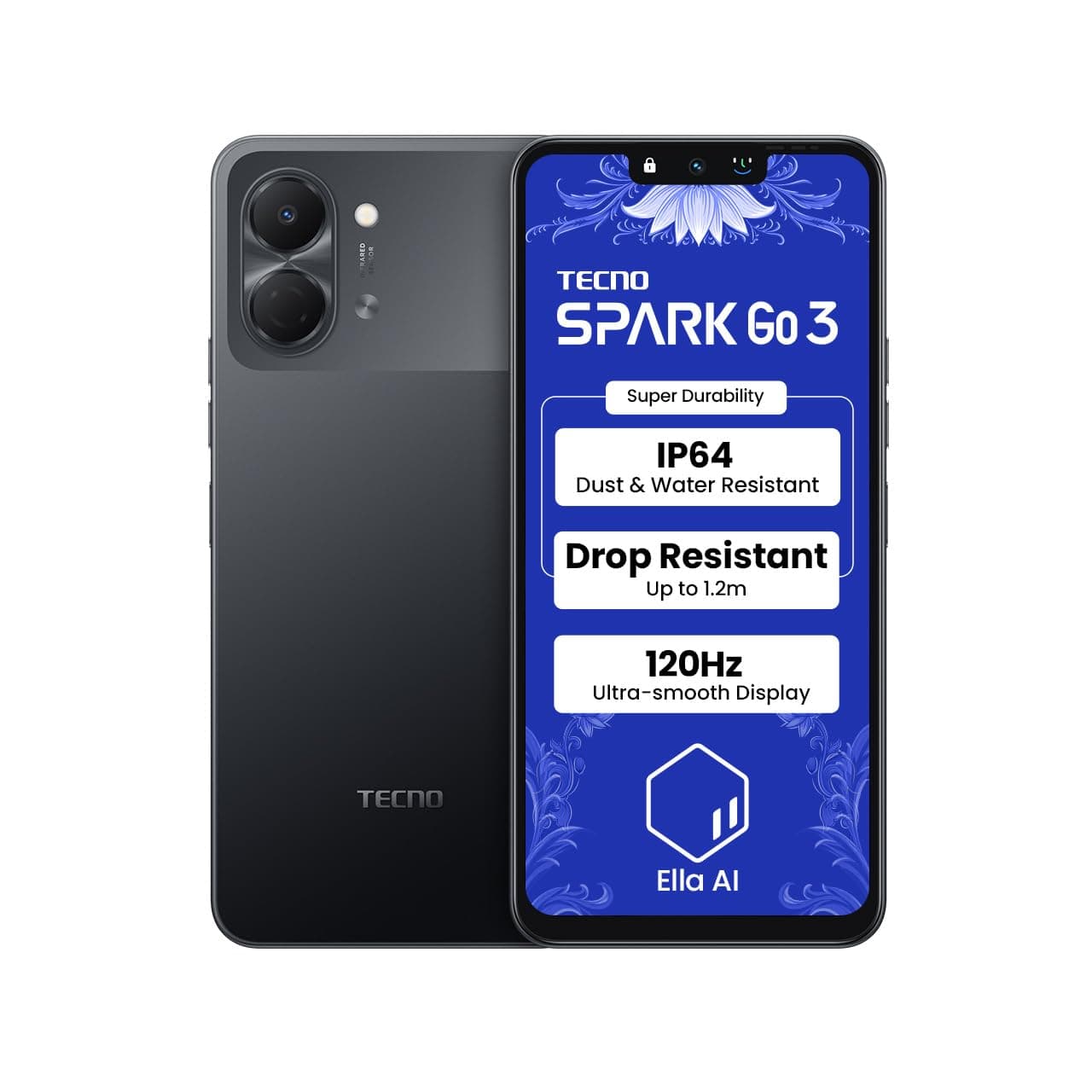 Tecno Spark Go 3, 6.75 inches 120Hz Smooth Display, 5000mAh Battery, 4GB RAM + 64GB Storage, 13MP Camera, Ink Black