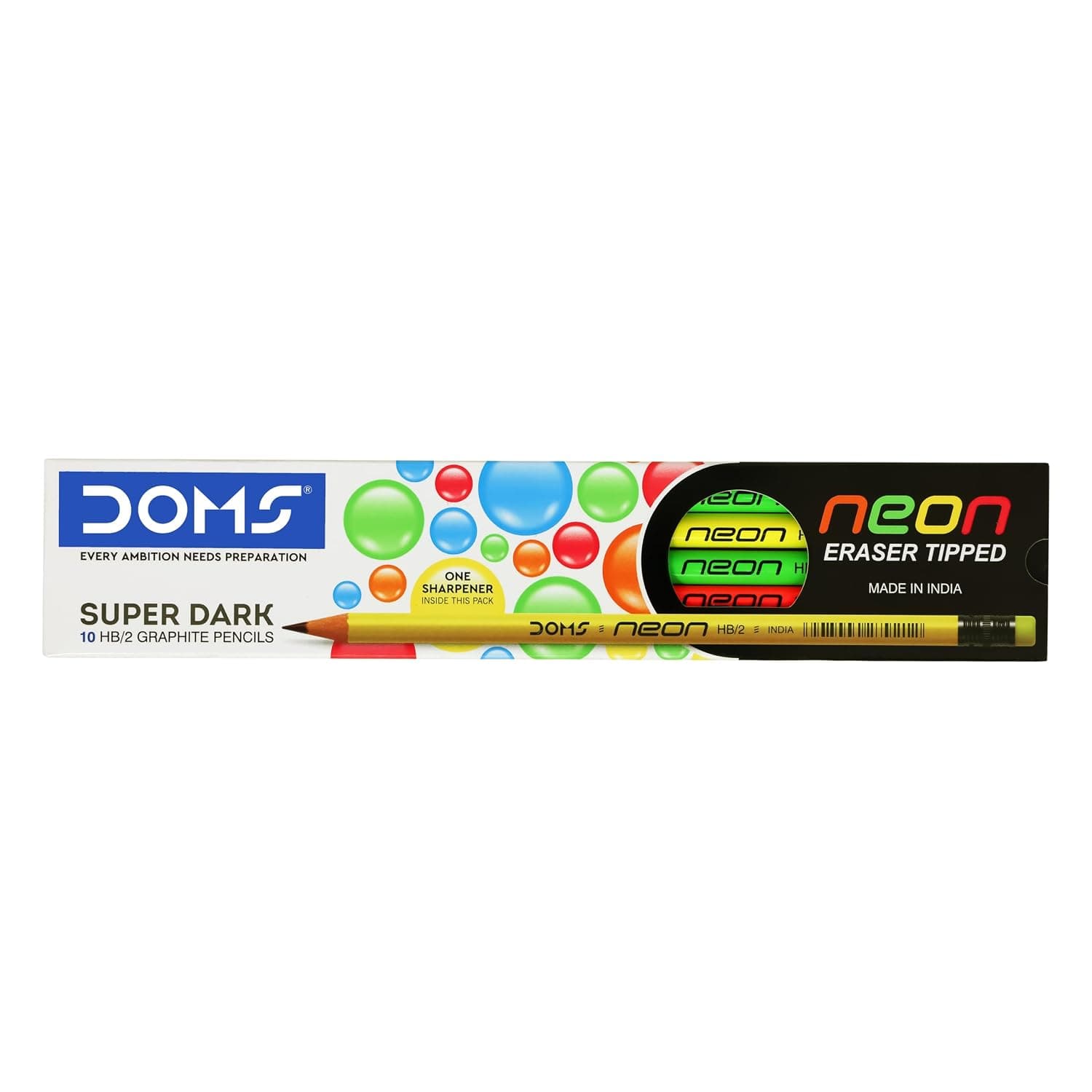 Doms Neon Rubber Tipped HB/2 Graphite Pencils Box Pack | Non-Toxic | Free Sharpner Inside The Box | Easy & Smooth Sharpening | Pack Of 10 Pencils