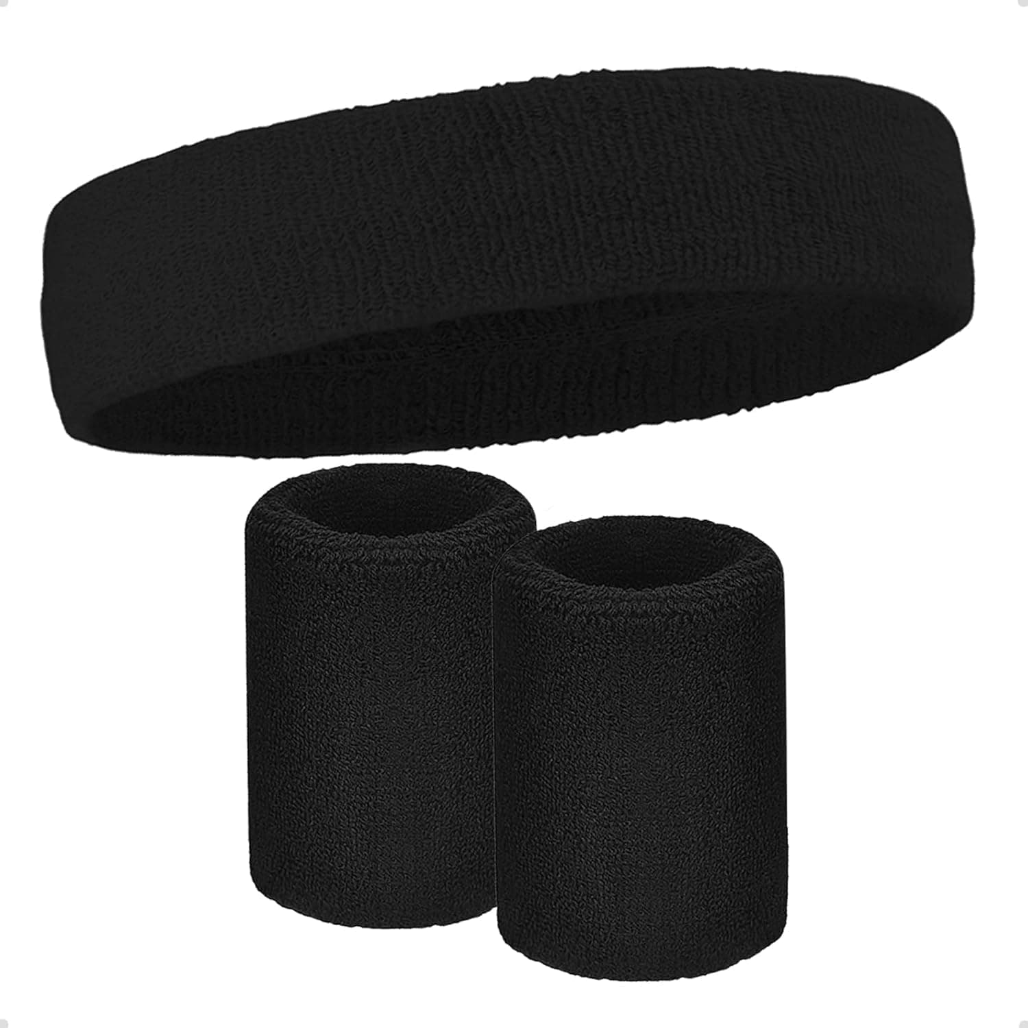 X spring Sweatbands Set, 3PCS Breathable Terry Cloth Athletic Headband and Wristband, Moisture Wicking Sports Bands for Exercise, Running, Tennis, Basketball and Gym Workouts Training