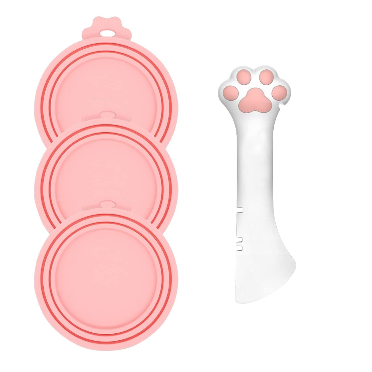 3 Pcs Pet Food Can Lids & One Can Spoon | Cute Paw Shape Opener Spatula Cat Wet Food Spoon | Universal BPA Free Silicone Can Spoon & Covers for Dog Cat Cans(Pink)