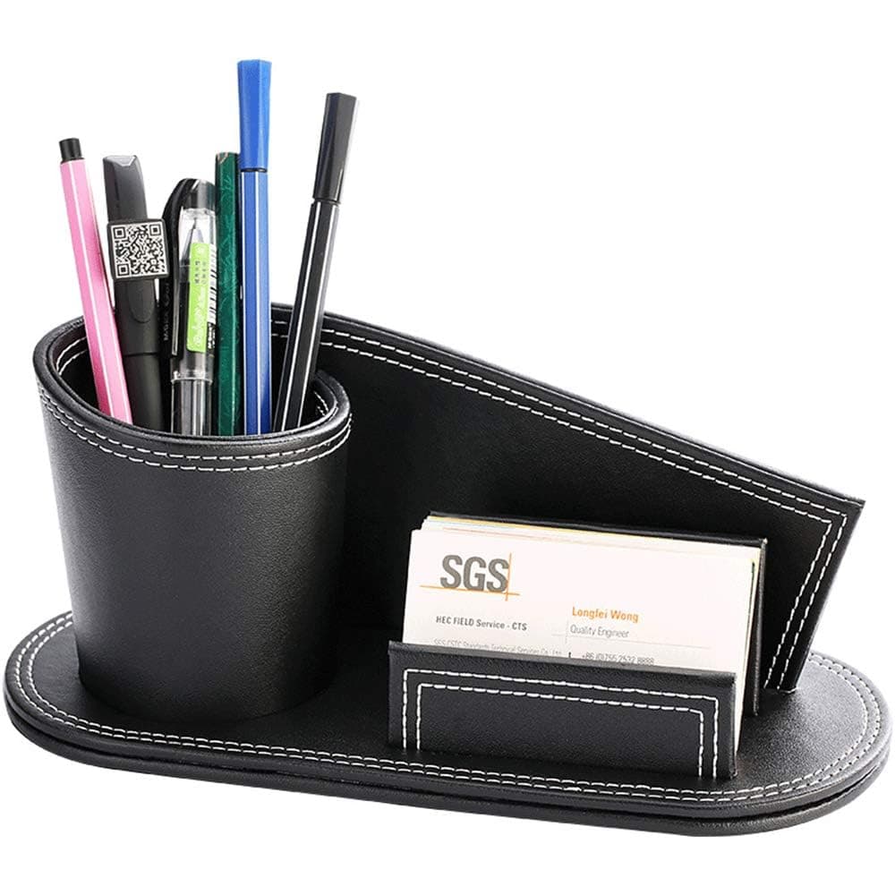 PU Leather Pen Holder for Desk, Office Accessories Creative Stylish Leather Pen/Pencil Holder,Multi-Function Desktop Stationery Caddy Organizer & Business Cards Holder Stand,Classroom, Home(Black)