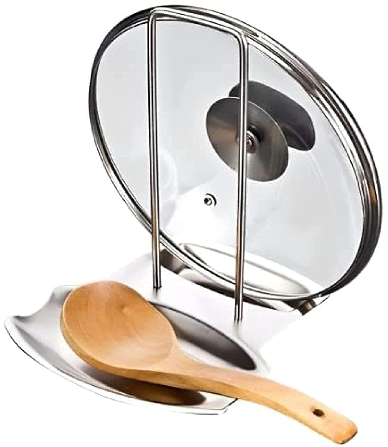 Nkb pot lid holder and pan spoon rest for kitchen utensils shelf rack stand stainless steel pot cover holder home stove organizer cookware soup spoon kitchen tool a storage accessories