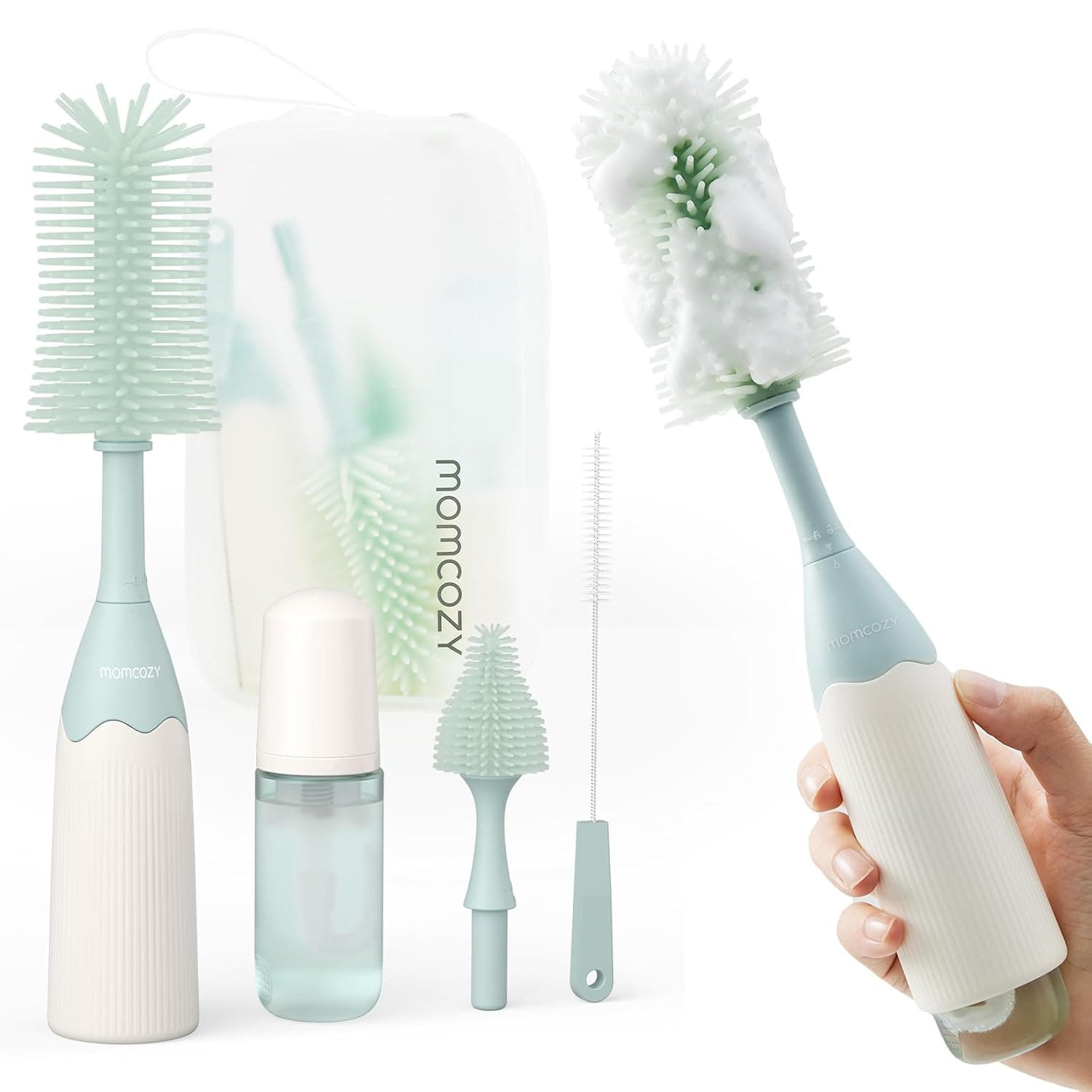 Momcozy Baby Bottle Brush Kit, Push-Press Foam Design, Green | Portable for Home & Travel, Bottle Cleaner Brush for Breast Pumps & Nipple, Newborn Essentials, Food-Grade BPA-Free