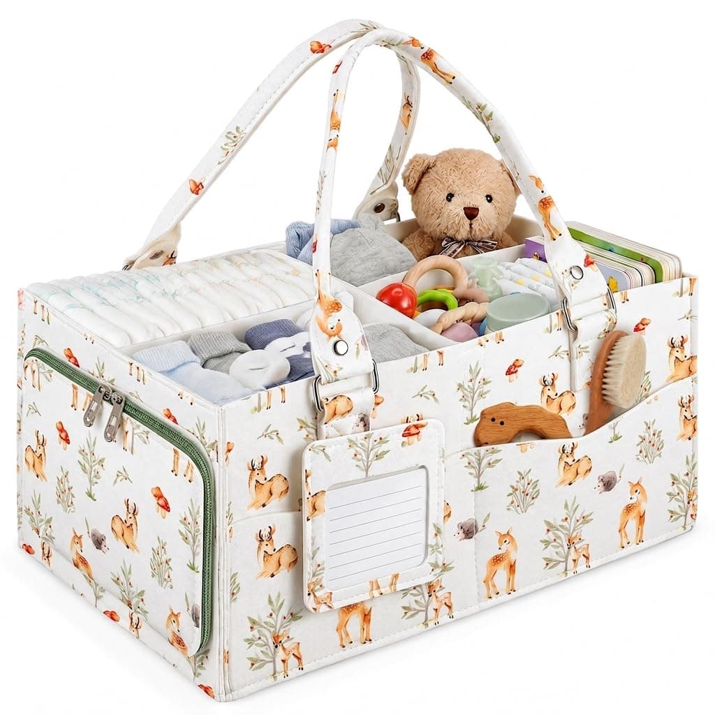 ABOOFAN Baby Diaper Caddy Organizer, Large Nursery Storage Bin with Removable Dividers, Portable Changing Table Organizer Basket for Diapers, Wipes, Newborn Essentials, Car and Bedside